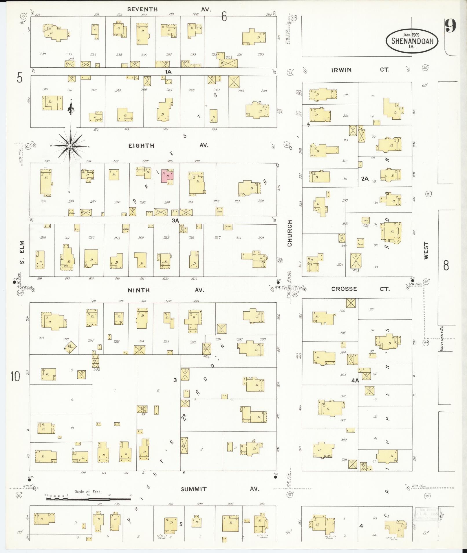 Sanborn Fire Insurance Map from Shenandoah, Page County, Iowa (1909), Sheet #0009 - Historic Sanborn Fire Insurance Map Print, vintage old map wall art