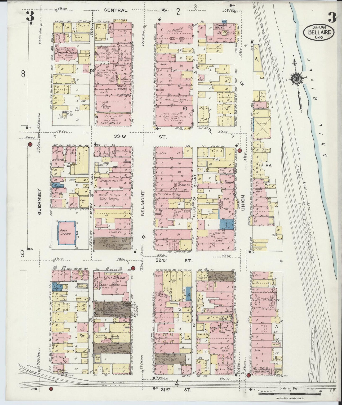 Sanborn Fire Insurance Map from Bellaire, Belmont County, Ohio (1924), Sheet #0003 - Historic Sanborn Fire Insurance Map Print, vintage old map wall art, antique decor, genealogy gift, Ohio Ohio map