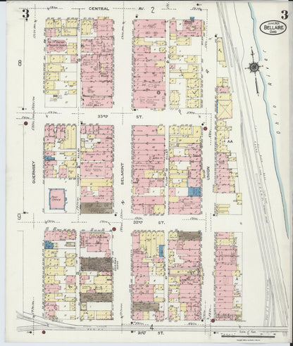 Sanborn Fire Insurance Map from Bellaire, Belmont County, Ohio (1924), Sheet #0003 - Historic Sanborn Fire Insurance Map Print, vintage old map wall art, antique decor, genealogy gift, Ohio Ohio map