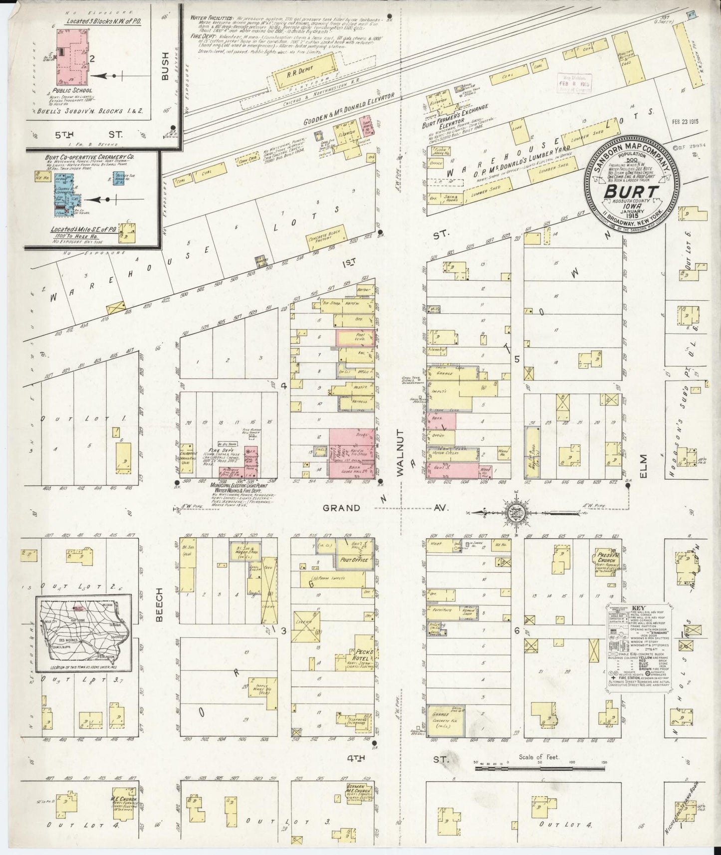 Sanborn Fire Insurance Map from Burt, Kossuth County, Iowa (1915), Sheet #0001 - Historic Sanborn Fire Insurance Map Print, vintage old map wall art
