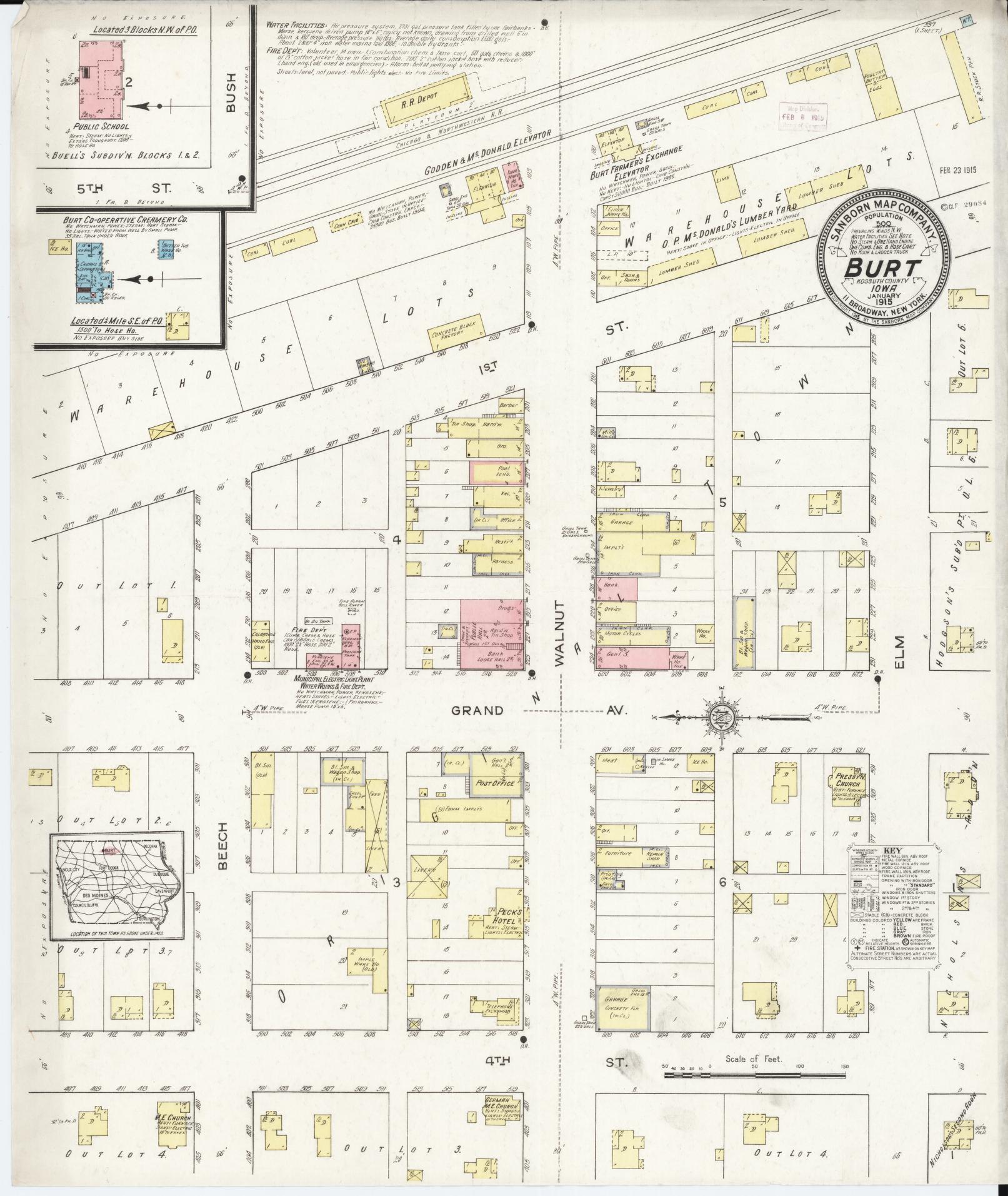 Sanborn Fire Insurance Map from Burt, Kossuth County, Iowa (1915), Sheet #0001 - Historic Sanborn Fire Insurance Map Print, vintage old map wall art