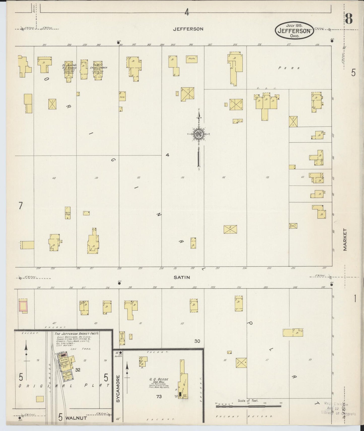 Sanborn Fire Insurance Map from Jefferson, Ashtabula County, Ohio (1915), Sheet #0008 - Historic Sanborn Fire Insurance Map Print, vintage old map wall art, antique decor, genealogy gift, Ohio Ohio map