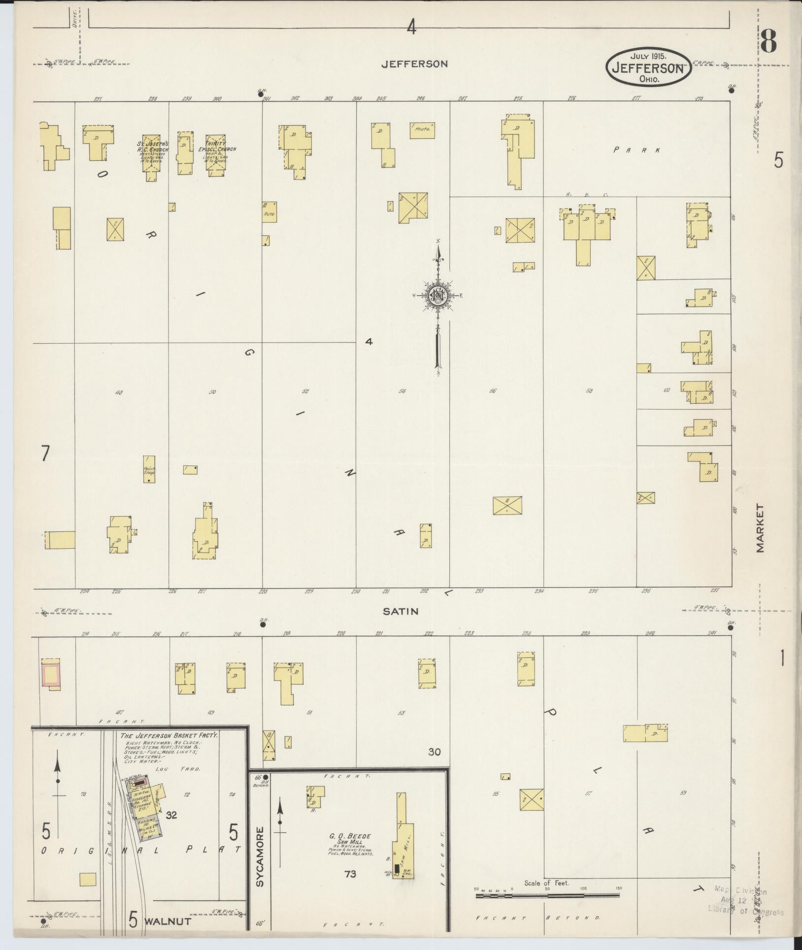Sanborn Fire Insurance Map from Jefferson, Ashtabula County, Ohio (1915), Sheet #0008 - Historic Sanborn Fire Insurance Map Print, vintage old map wall art, antique decor, genealogy gift, Ohio Ohio map