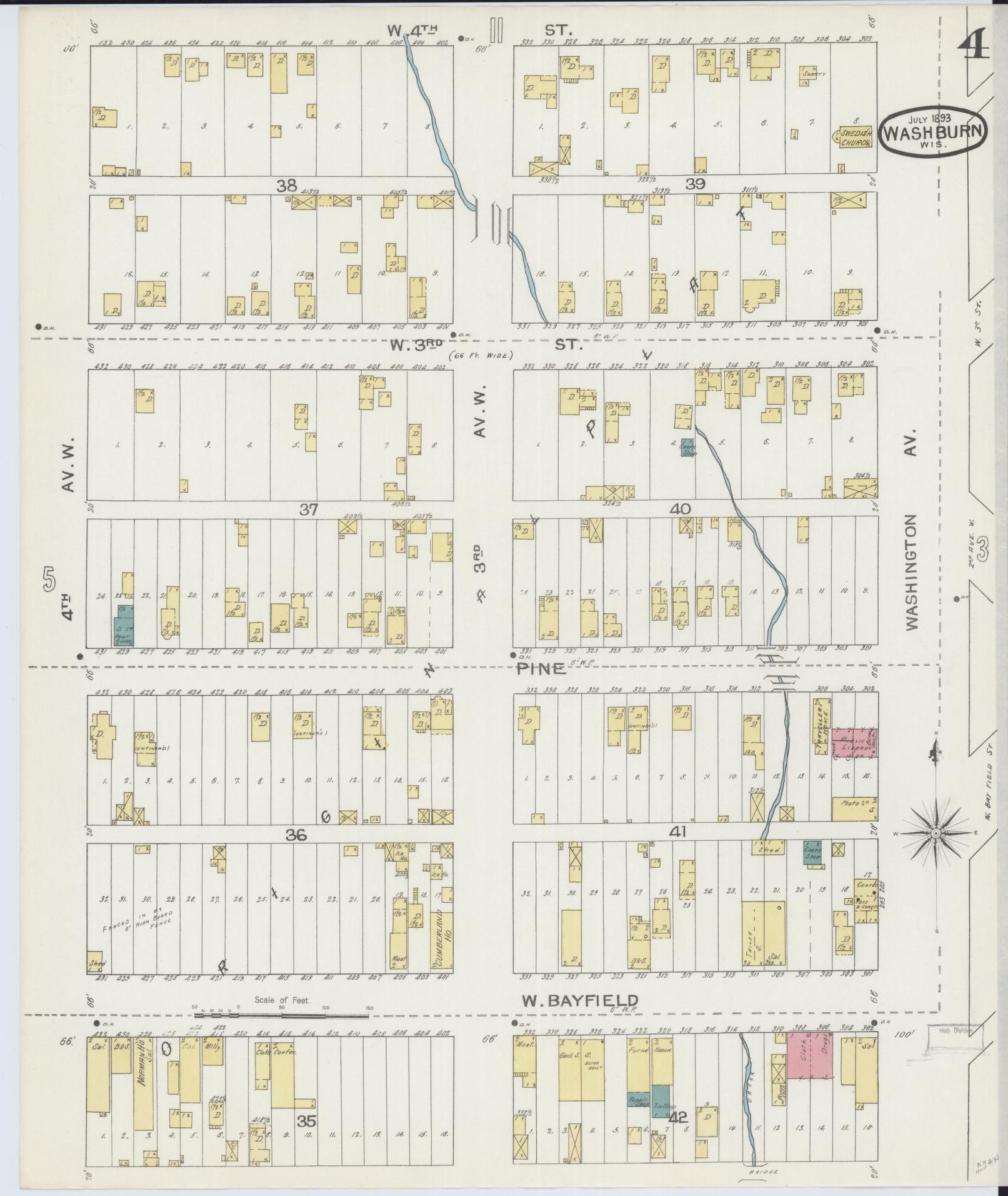 Sanborn Fire Insurance Map from Washburn, Bayfield County, Wisconsin (1893), Sheet #0004 - Historic Sanborn Fire Insurance Map Print, vintage old map wall art, antique decor, genealogy gift, Wisconsin Wisconsin map