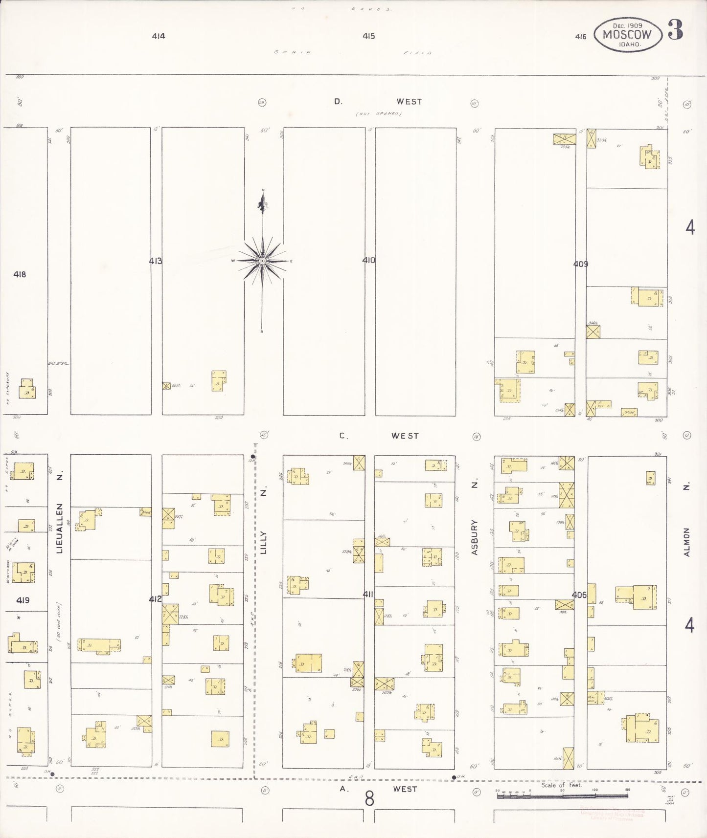 Sanborn Fire Insurance Map from Moscow, Latah County, Idaho (1909), Sheet #0003 - Historic Sanborn Fire Insurance Map Print, vintage old map wall art, antique decor, genealogy gift, Idaho Idaho map