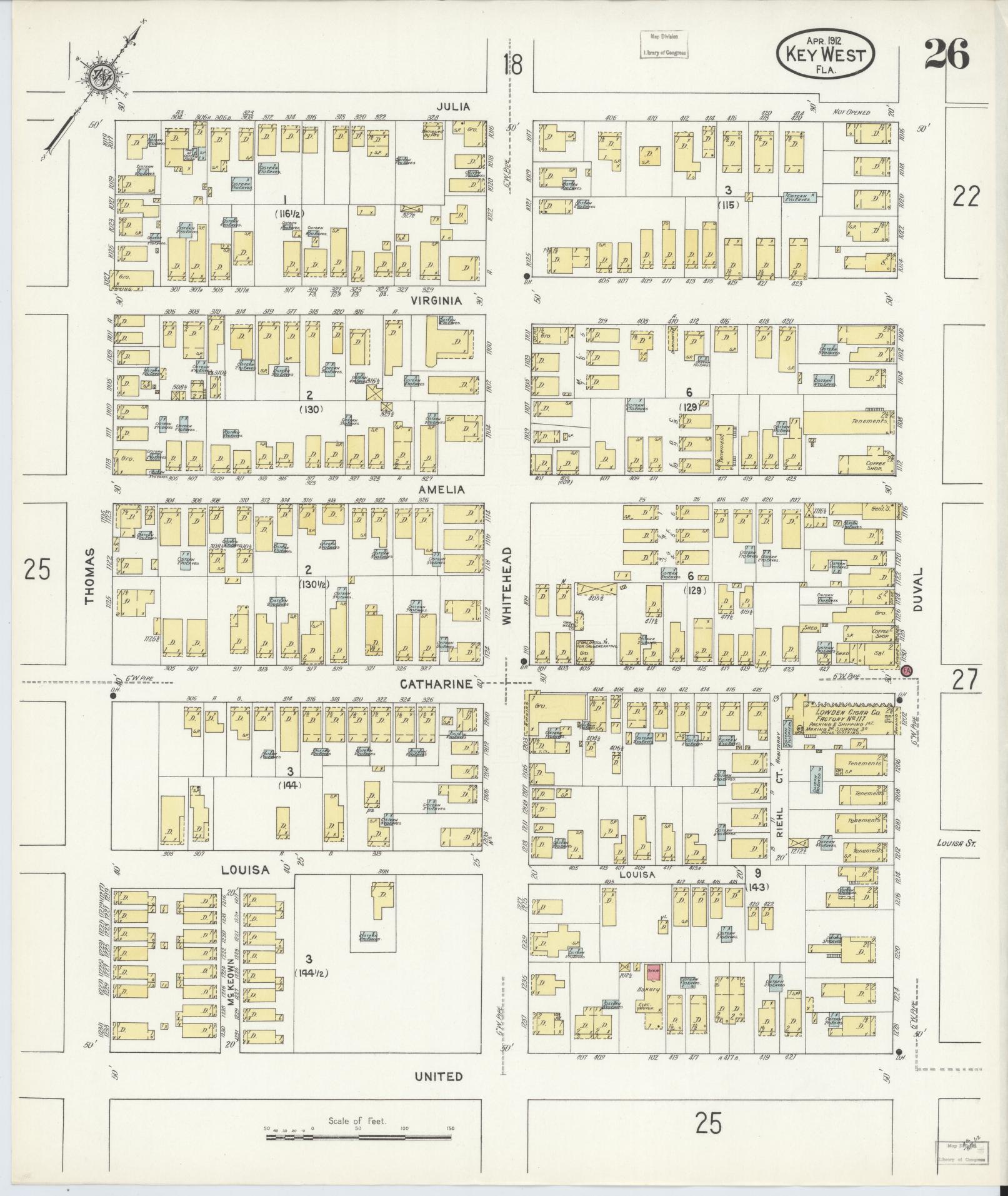 Sanborn Fire Insurance Map from Key West, Monroe County, Florida (1912), Sheet #0026 - Historic Sanborn Fire Insurance Map Print, vintage old map wall art, antique decor, genealogy gift, Florida Florida map