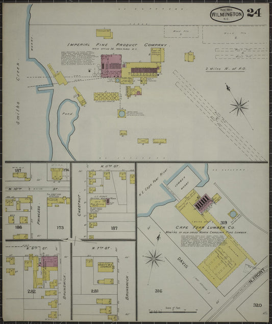 Sanborn Fire Insurance Map from Wilmington, New Hanover County, North Carolina (1893), Sheet #0024 - Historic Sanborn Fire Insurance Map Print, vintage old map wall art, antique decor, genealogy gift, North Carolina North Carolina map