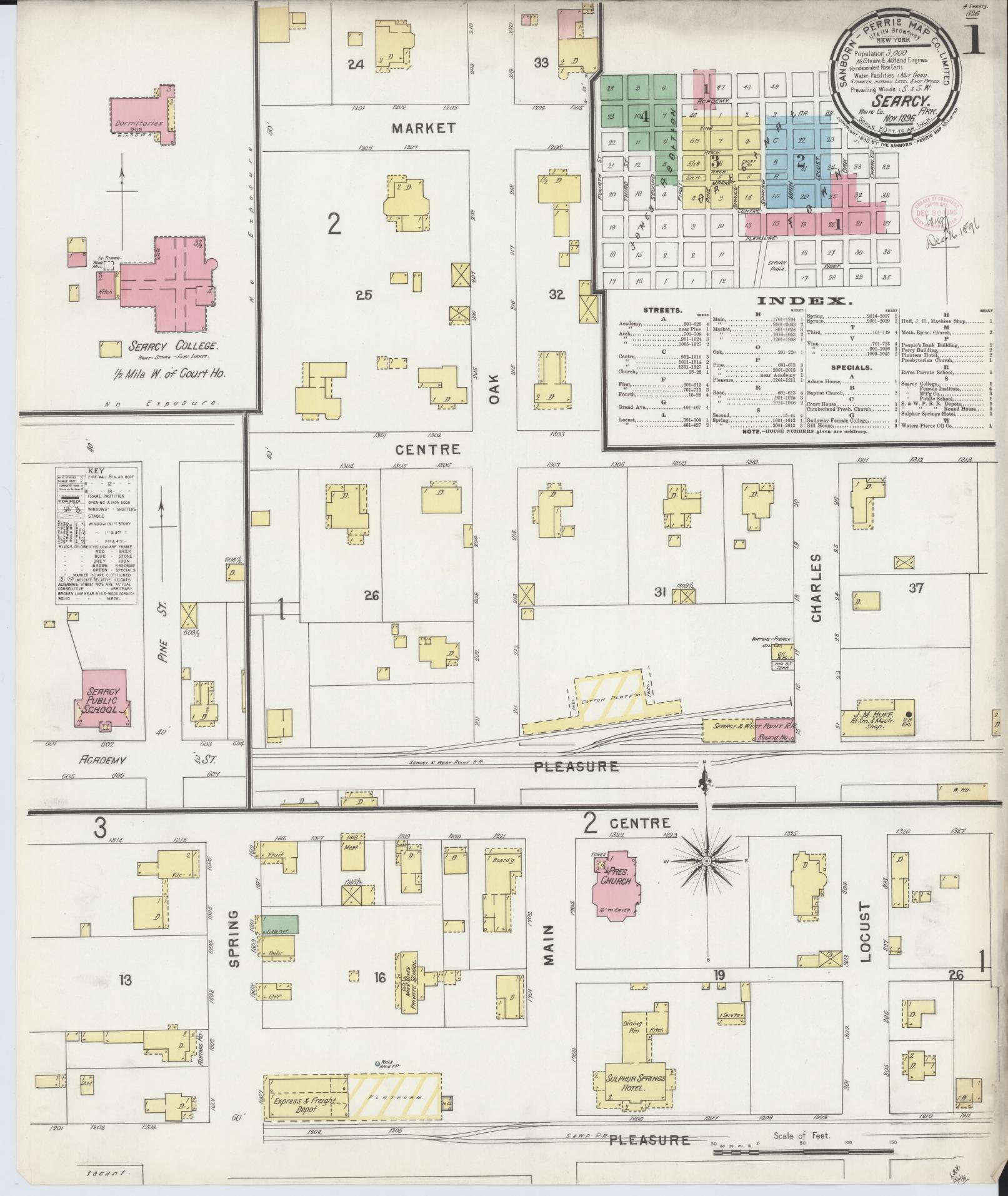Sanborn Fire Insurance Map from Searcy, White County, Arkansas (1896), Sheet #0001 - Complete Map Set gallery image, historic Sanborn map, vintage wall art, Arkansas Arkansas