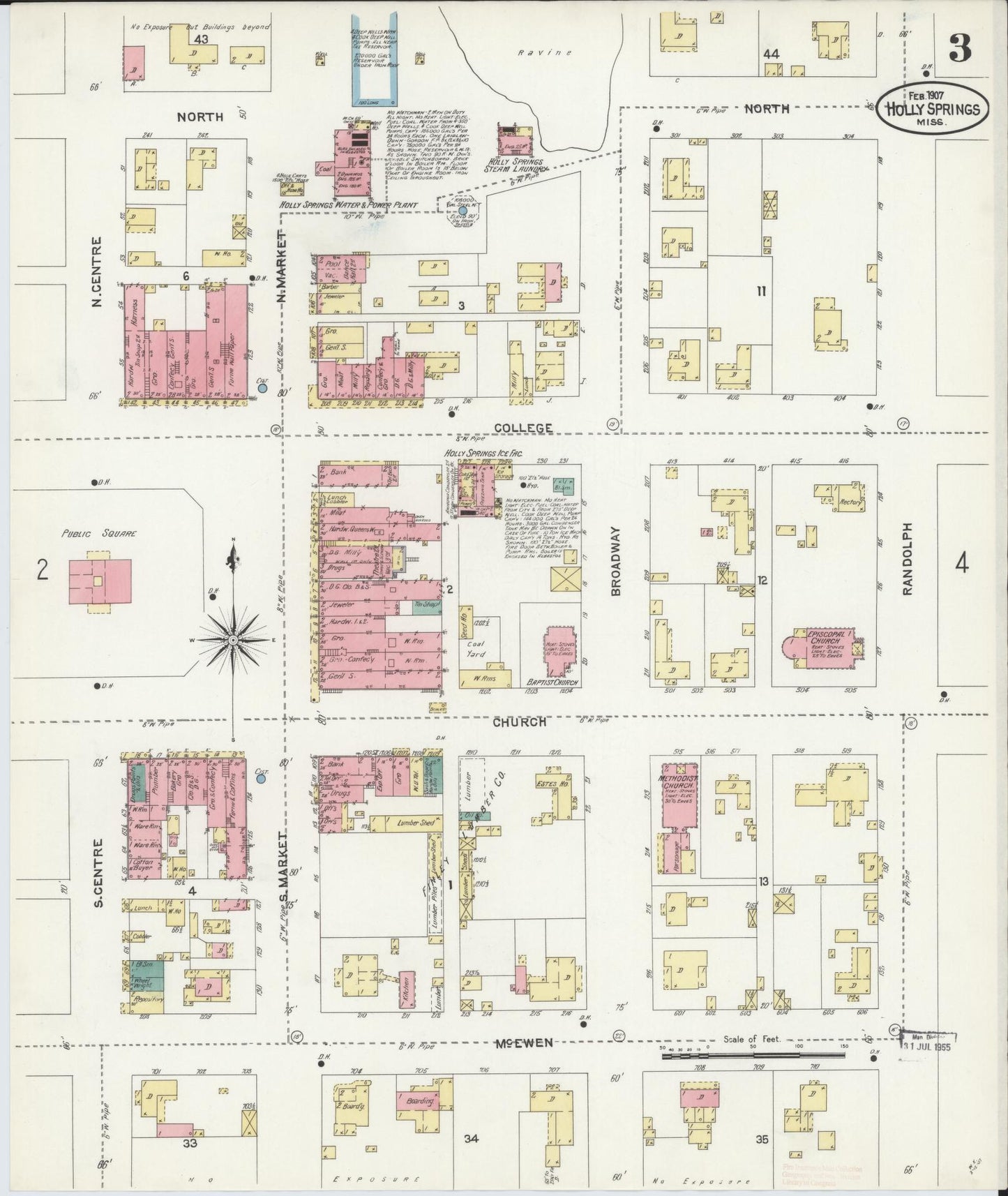 Sanborn Fire Insurance Map from Holly Springs, Marshall County, Mississippi (1907), Sheet #0003 - Historic Sanborn Fire Insurance Map Print, vintage old map wall art, antique decor, genealogy gift, Mississippi Mississippi map