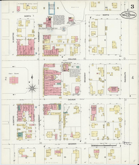 Sanborn Fire Insurance Map from Holly Springs, Marshall County, Mississippi (1907), Sheet #0003 - Historic Sanborn Fire Insurance Map Print, vintage old map wall art, antique decor, genealogy gift, Mississippi Mississippi map