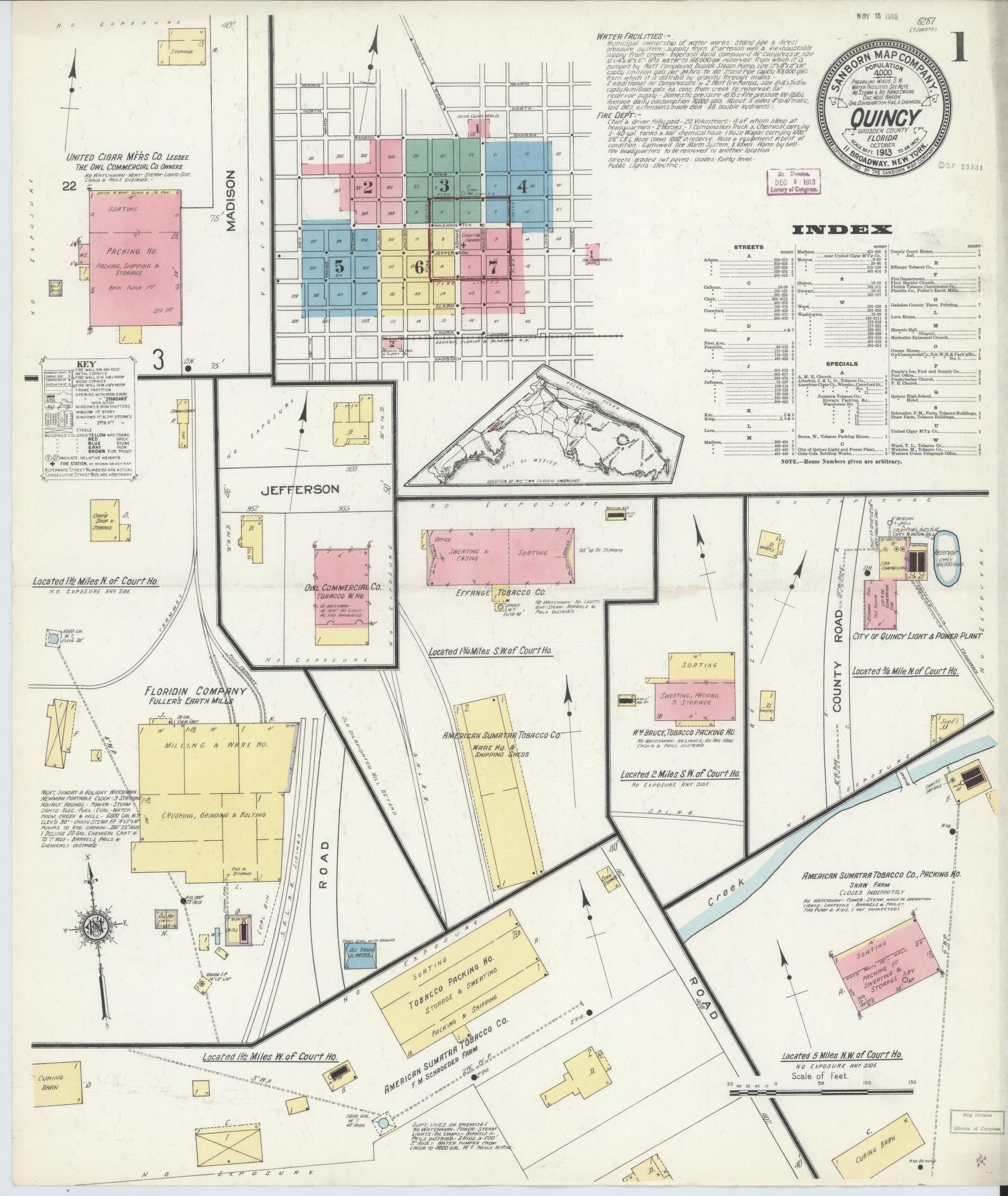 Sanborn Fire Insurance Map from Quincy, Gadsden County, Florida (1913), Sheet #0001 - Historic Sanborn Fire Insurance Map Print, vintage old map wall art, antique decor, genealogy gift, Florida Florida map