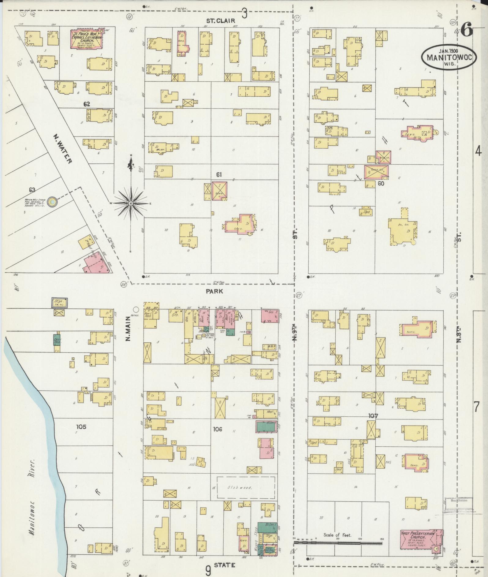 Sanborn Fire Insurance Map from Manitowoc, Manitowoc County, Wisconsin (1906), Sheet #0006 - Complete Map Set gallery image, historic Sanborn map, vintage wall art, Wisconsin Wisconsin