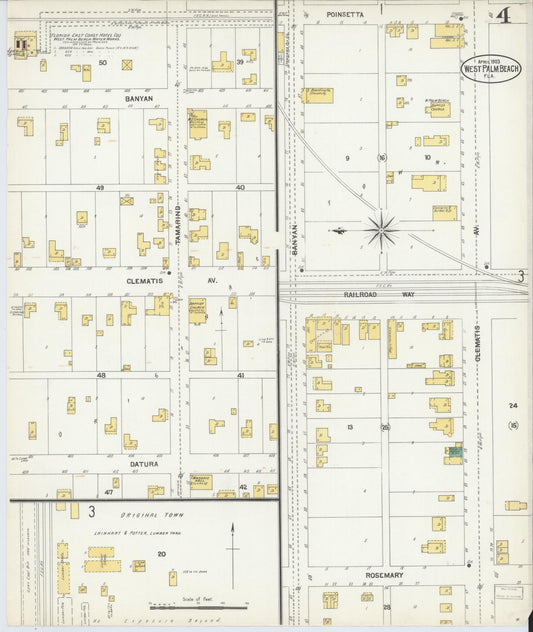 Sanborn Fire Insurance Map from West Palm Beach, Dade County, Florida (1903), Sheet #0004 - Historic Sanborn Fire Insurance Map Print, vintage old map wall art, antique decor, genealogy gift, Florida Florida map