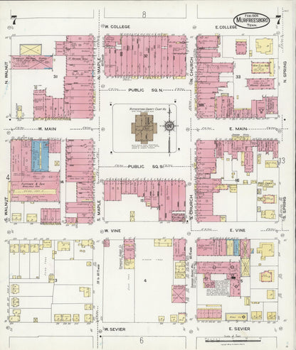 Sanborn Fire Insurance Map from Murfreesboro, Rutherford County, Tennessee (1924), Sheet #0007 - Complete Map Set gallery image, historic Sanborn map, vintage wall art, Tennessee Tennessee
