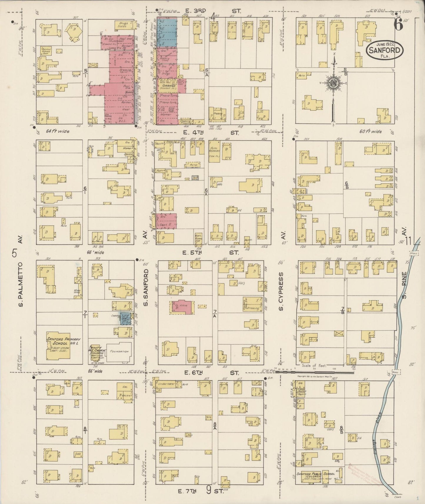 Sanborn Fire Insurance Map from Sanford, Seminole County, Florida (1922), Sheet #0006 - Historic Sanborn Fire Insurance Map Print, vintage old map wall art, antique decor, genealogy gift, Florida Florida map