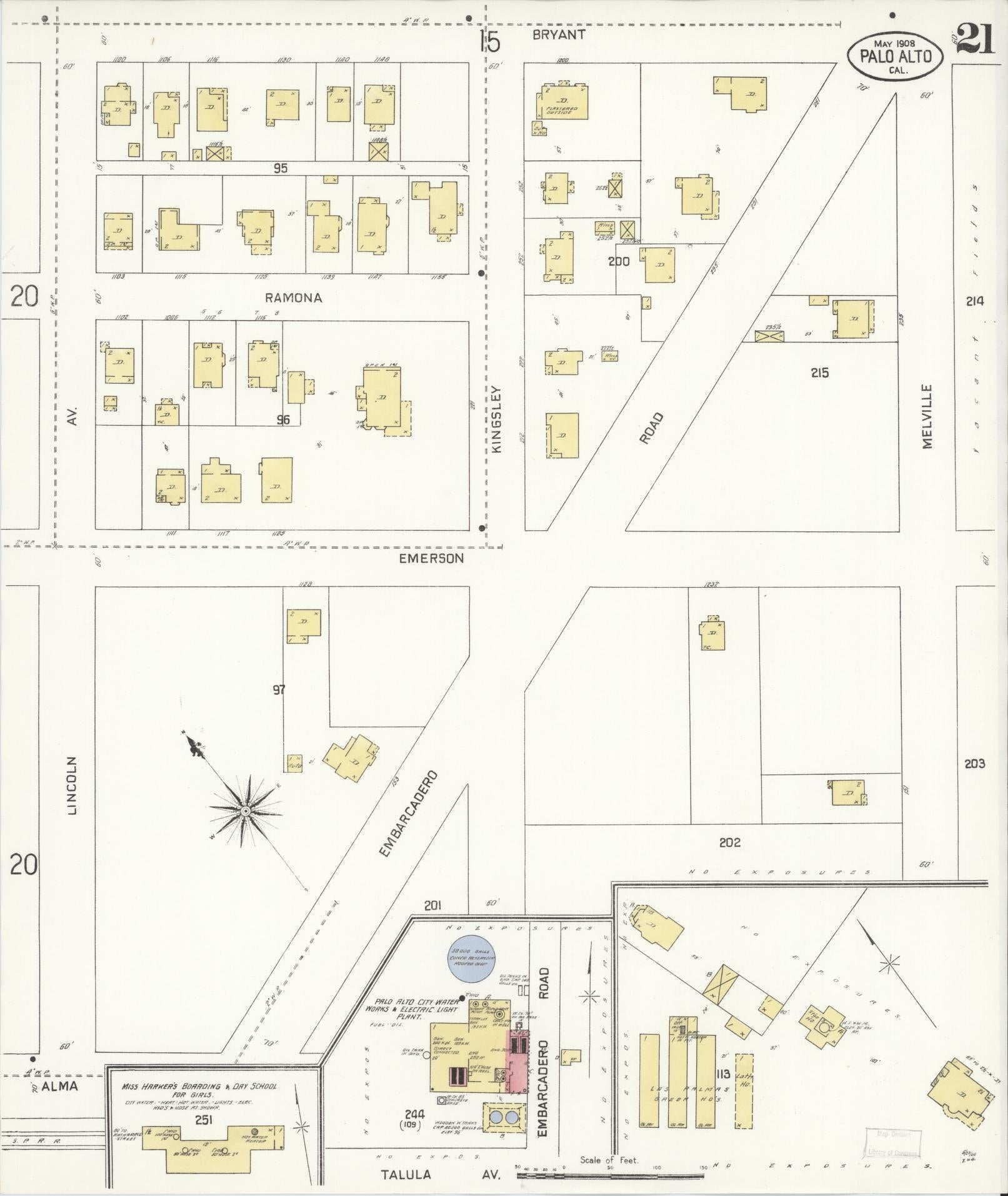 Sanborn Fire Insurance Map from Palo Alto, Santa Clara County, California (1908), Sheet #0021 - Complete Map Set gallery image, historic Sanborn map, vintage wall art, California California
