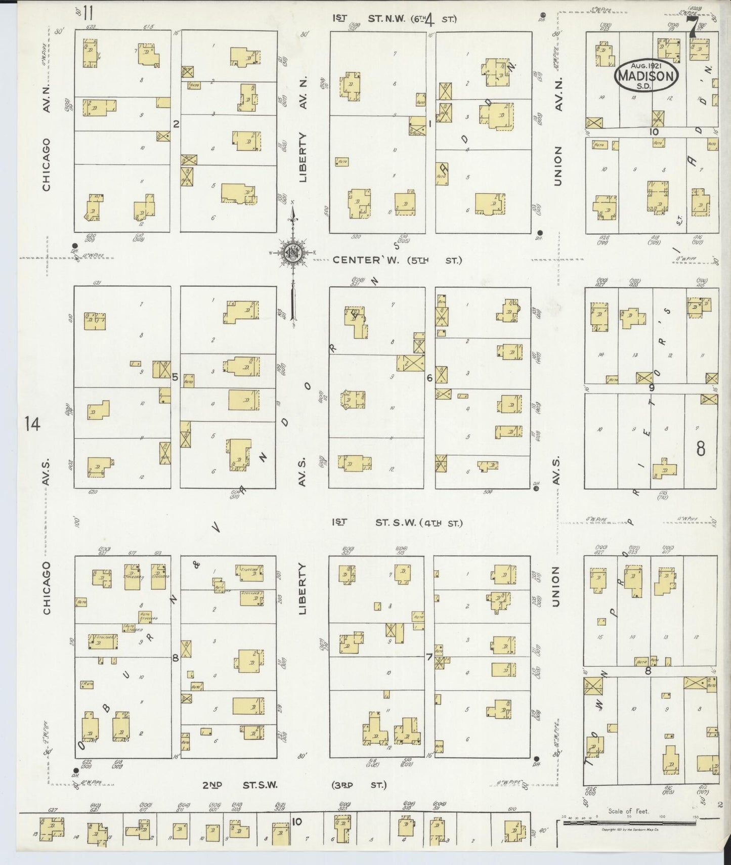 Sanborn Fire Insurance Map from Madison, Lake County, South Dakota (1921), Sheet #0007 - Historic Sanborn Fire Insurance Map Print, vintage old map wall art, antique decor, genealogy gift, South Dakota South Dakota map