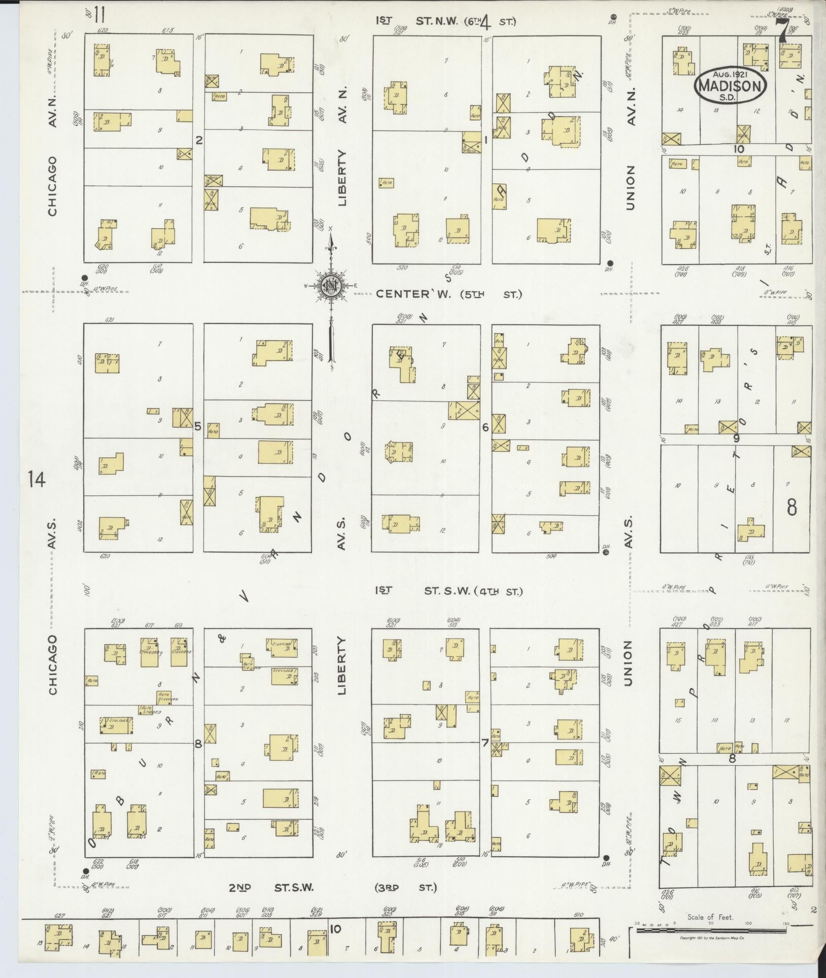 Sanborn Fire Insurance Map from Madison, Lake County, South Dakota (1921), Sheet #0007 - Historic Sanborn Fire Insurance Map Print, vintage old map wall art, antique decor, genealogy gift, South Dakota South Dakota map