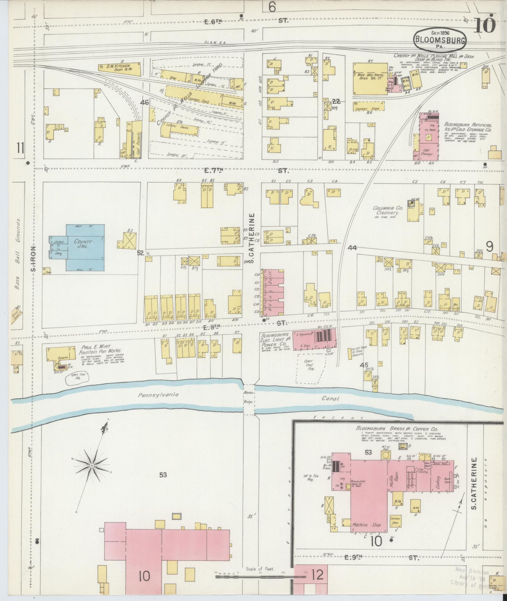 Sanborn Fire Insurance Map from Bloomsburg, Columbia County, Pennsylvania (1896), Sheet #0010 - Historic Sanborn Fire Insurance Map Print, vintage old map wall art, antique decor, genealogy gift, Pennsylvania Pennsylvania map