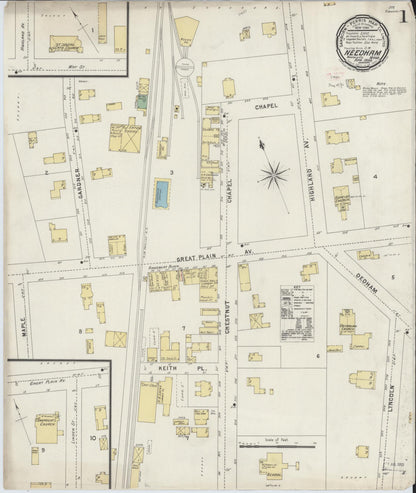 Sanborn Fire Insurance Map from Needham, Norfolk County, Massachusetts (1896), Sheet #0001 - Historic Sanborn Fire Insurance Map Print, vintage old map wall art, antique decor, genealogy gift, Massachusetts Massachusetts map