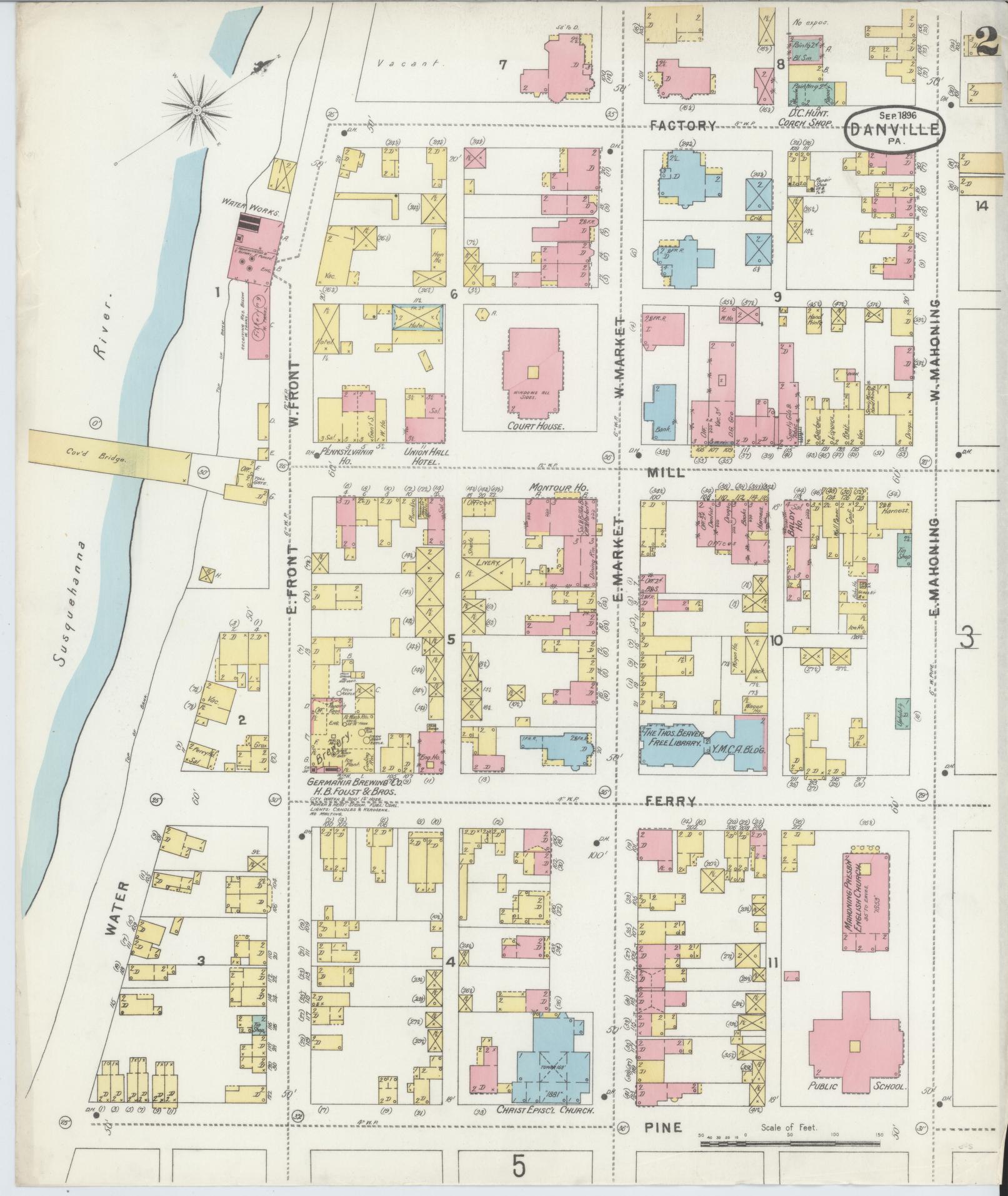 Sanborn Fire Insurance Map from Danville, Montour County, Pennsylvania (1896), Sheet #0002 - Historic Sanborn Fire Insurance Map Print, vintage old map wall art, antique decor, genealogy gift, Pennsylvania Pennsylvania map