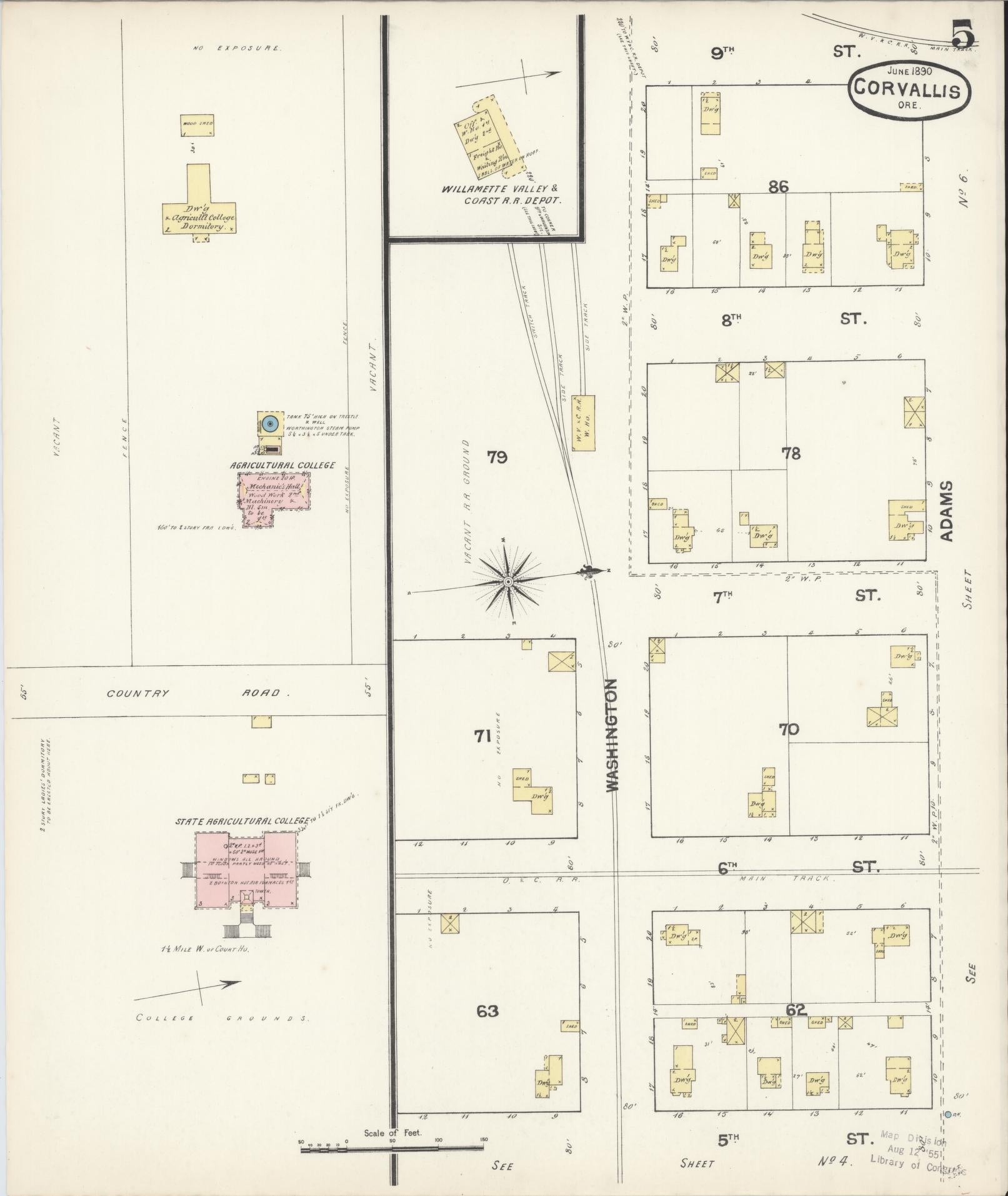 Sanborn Fire Insurance Map from Corvallis, Benton County, Oregon (1890), Sheet #0005 - Historic Sanborn Fire Insurance Map Print, vintage old map wall art, antique decor, genealogy gift, Oregon Oregon map