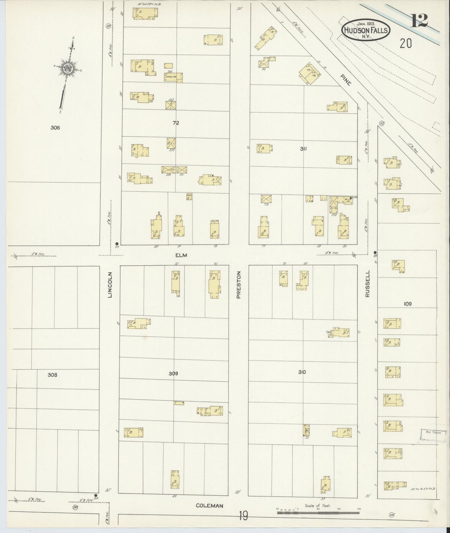 Sanborn Fire Insurance Map from Hudson Falls, Washington County, New York (1913), Sheet #0012 - Historic Sanborn Fire Insurance Map Print, vintage old map wall art, antique decor, genealogy gift, New York New York map