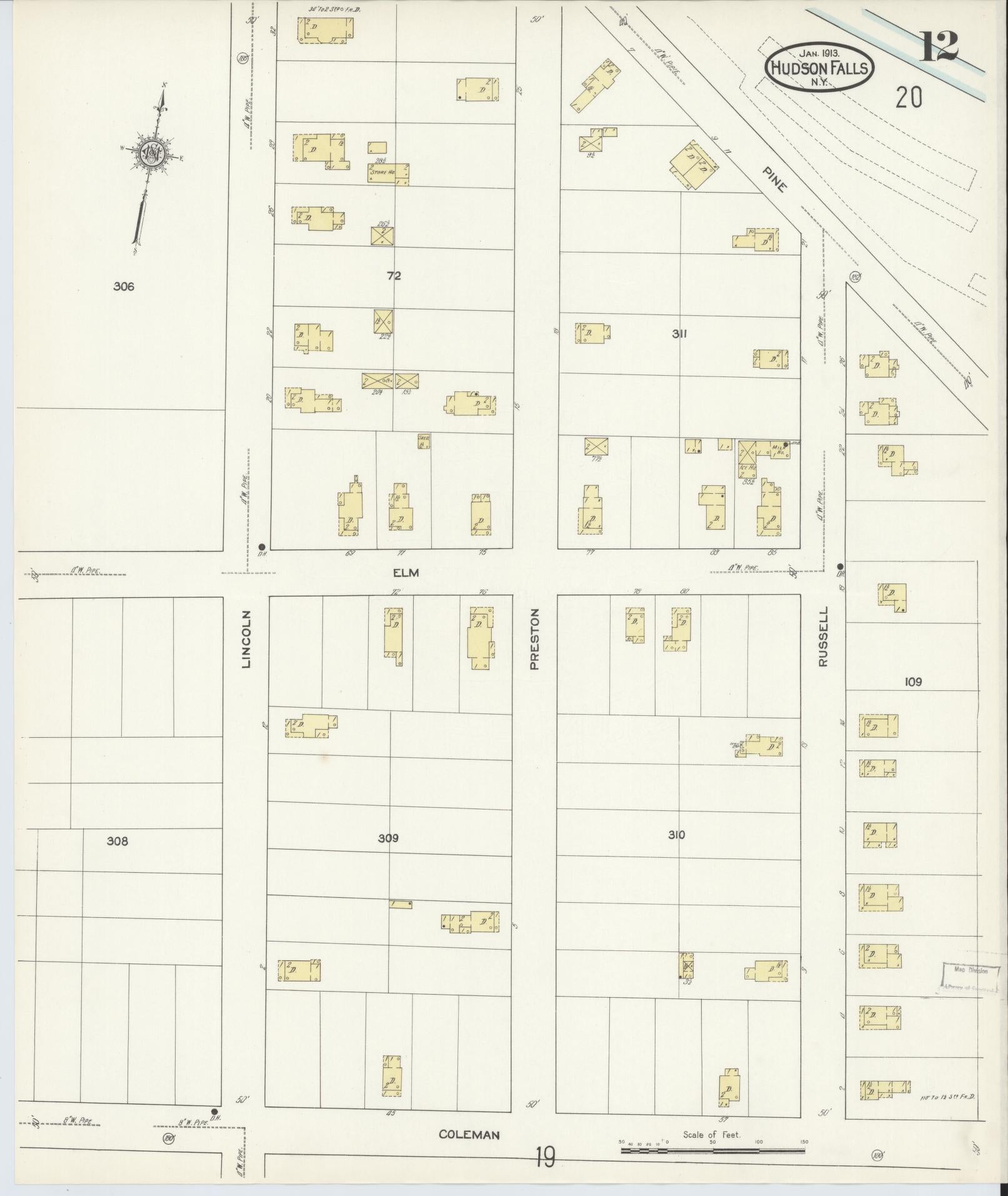 Sanborn Fire Insurance Map from Hudson Falls, Washington County, New York (1913), Sheet #0012 - Historic Sanborn Fire Insurance Map Print, vintage old map wall art, antique decor, genealogy gift, New York New York map
