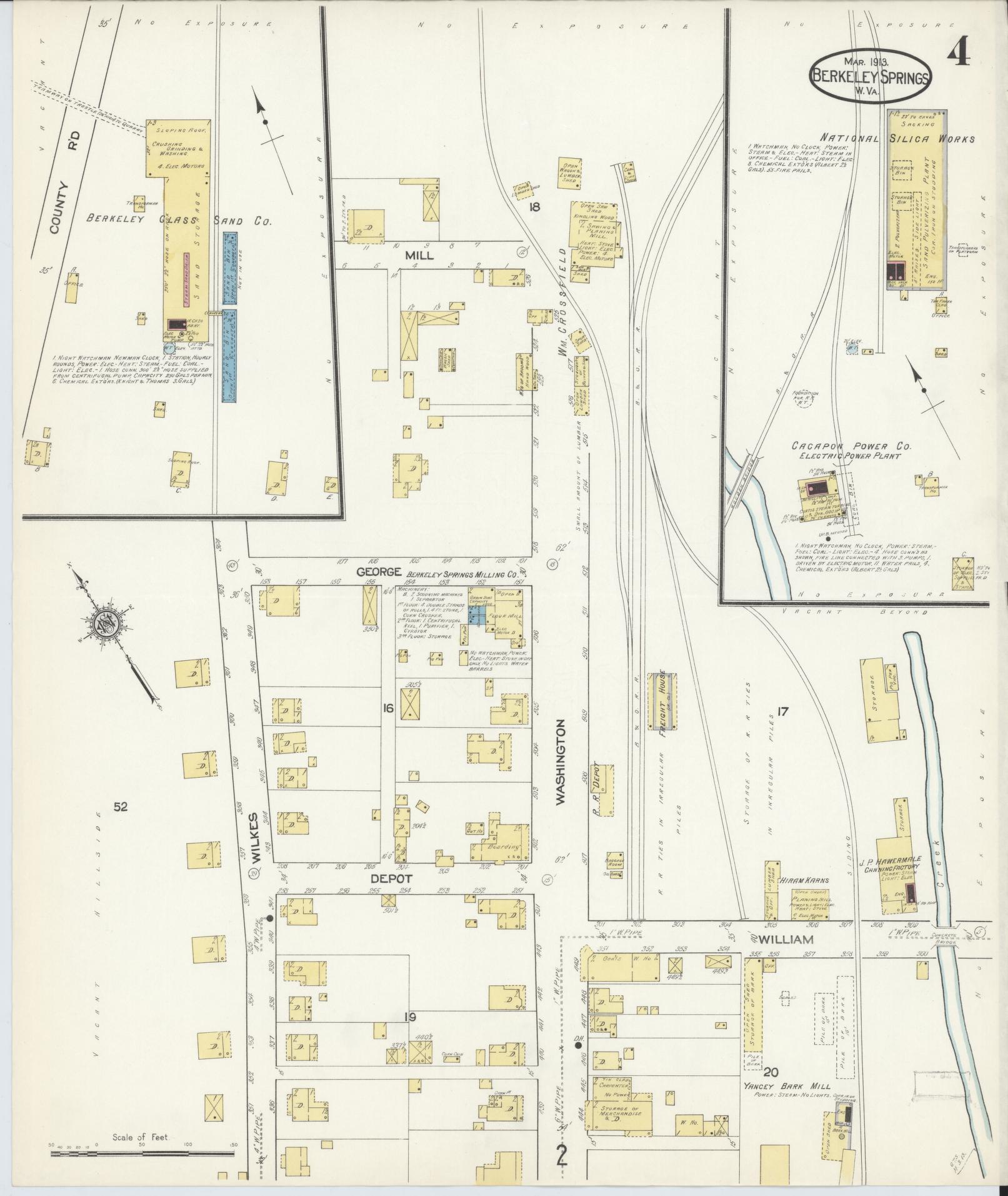 Sanborn Fire Insurance Map from Berkeley Springs, Morgan County, West Virginia (1913), Sheet #0004 - Historic Sanborn Fire Insurance Map Print, vintage old map wall art, antique decor, genealogy gift, West Virginia West Virginia map