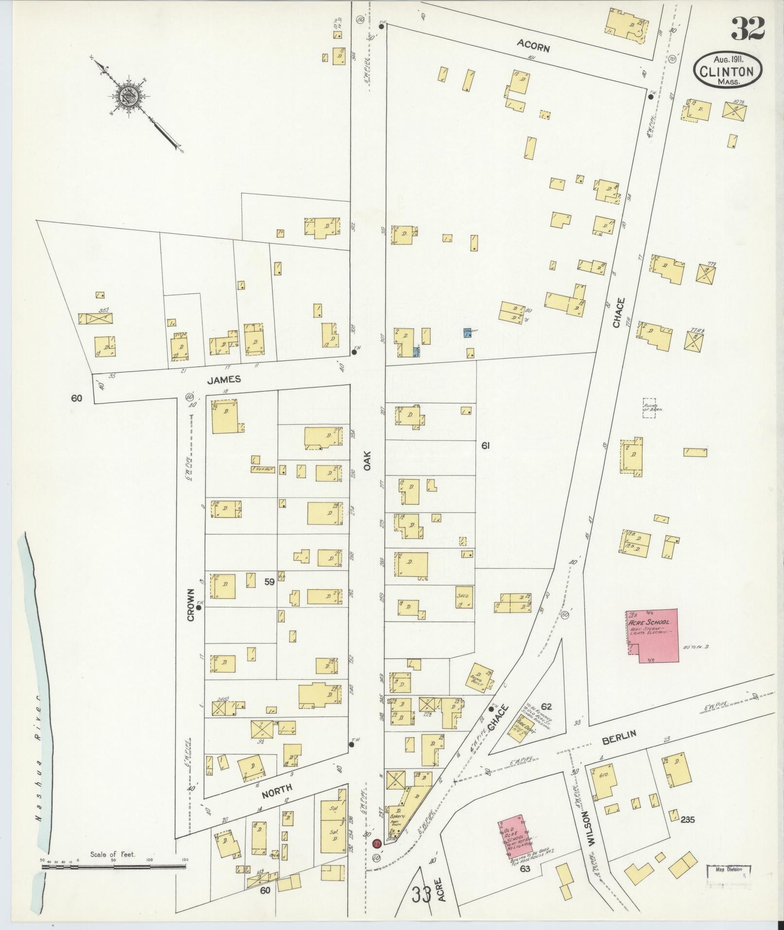 Sanborn Fire Insurance Map from Clinton, Worcester County, Massachusetts (1911), Sheet #0032 - Historic Sanborn Fire Insurance Map Print, vintage old map wall art, antique decor, genealogy gift, Massachusetts Massachusetts map