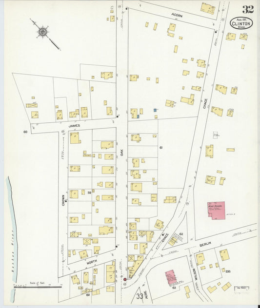 Sanborn Fire Insurance Map from Clinton, Worcester County, Massachusetts (1911), Sheet #0032 - Historic Sanborn Fire Insurance Map Print, vintage old map wall art, antique decor, genealogy gift, Massachusetts Massachusetts map