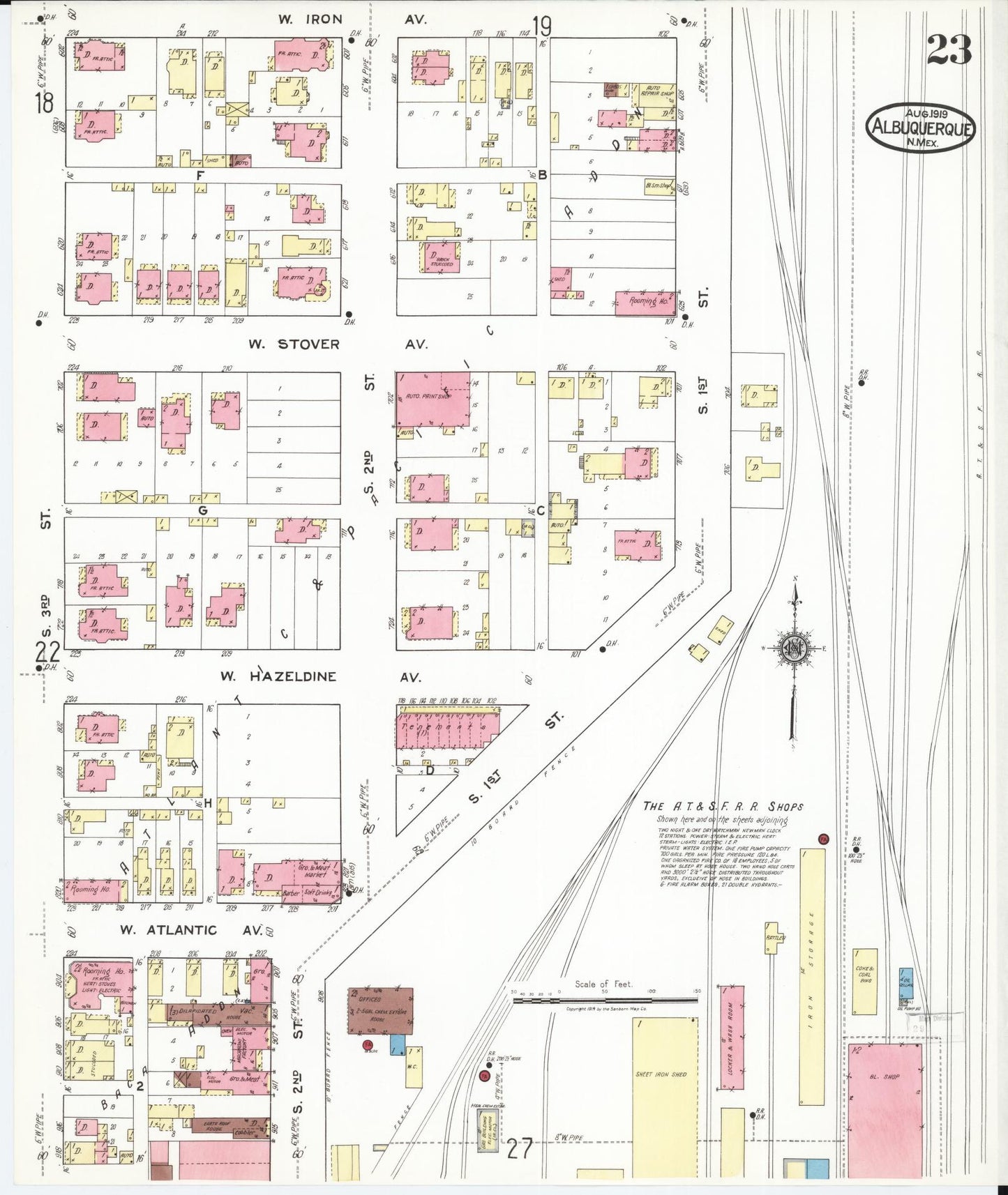 Sanborn Fire Insurance Map from Albuquerque, Bernalillo County, New Mexico (1919), Sheet #0023 - Historic Sanborn Fire Insurance Map Print, vintage old map wall art, antique decor, genealogy gift, New Mexico New Mexico map