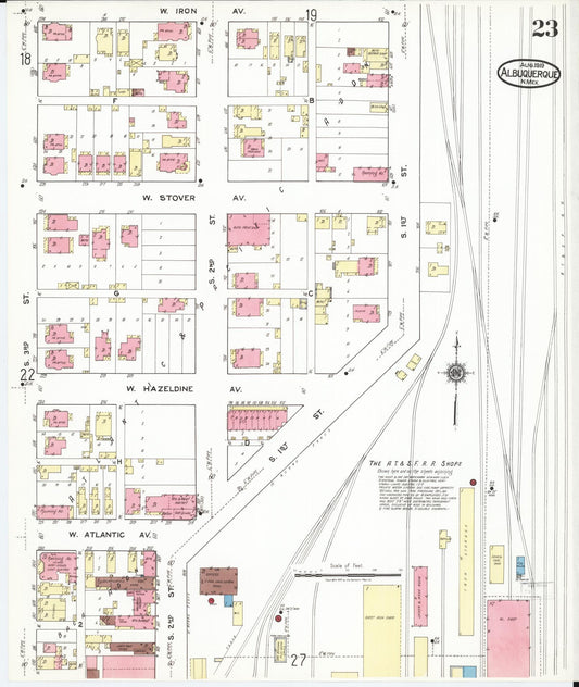 Sanborn Fire Insurance Map from Albuquerque, Bernalillo County, New Mexico (1919), Sheet #0023 - Historic Sanborn Fire Insurance Map Print, vintage old map wall art, antique decor, genealogy gift, New Mexico New Mexico map
