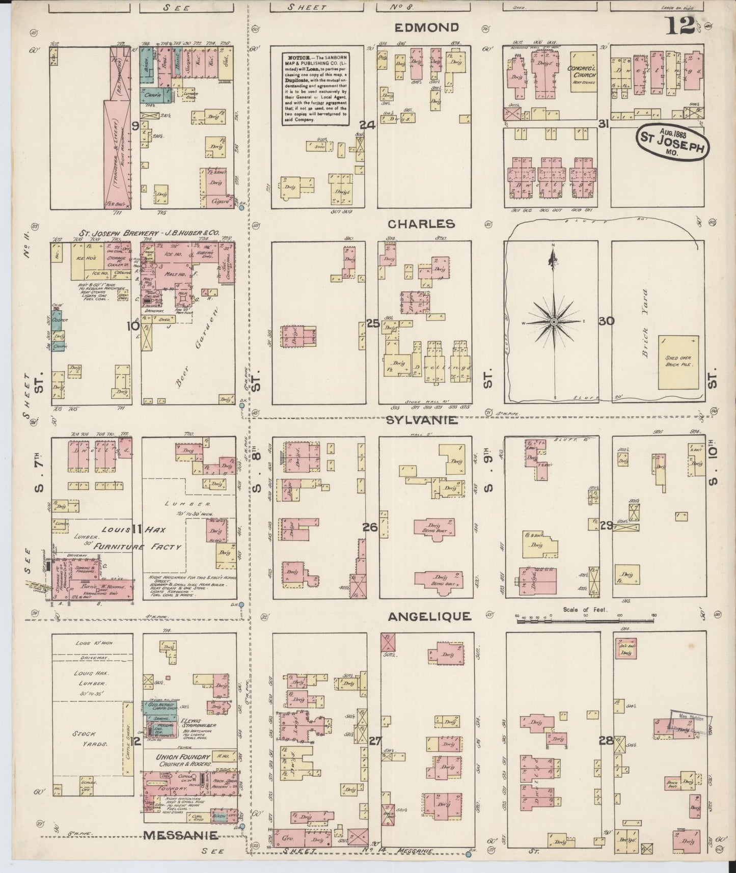 Sanborn Fire Insurance Map from Saint Joseph, Buchanan County, Missouri (1883), Sheet #0012 - Historic Sanborn Fire Insurance Map Print, vintage old map wall art, antique decor, genealogy gift, Missouri Missouri map