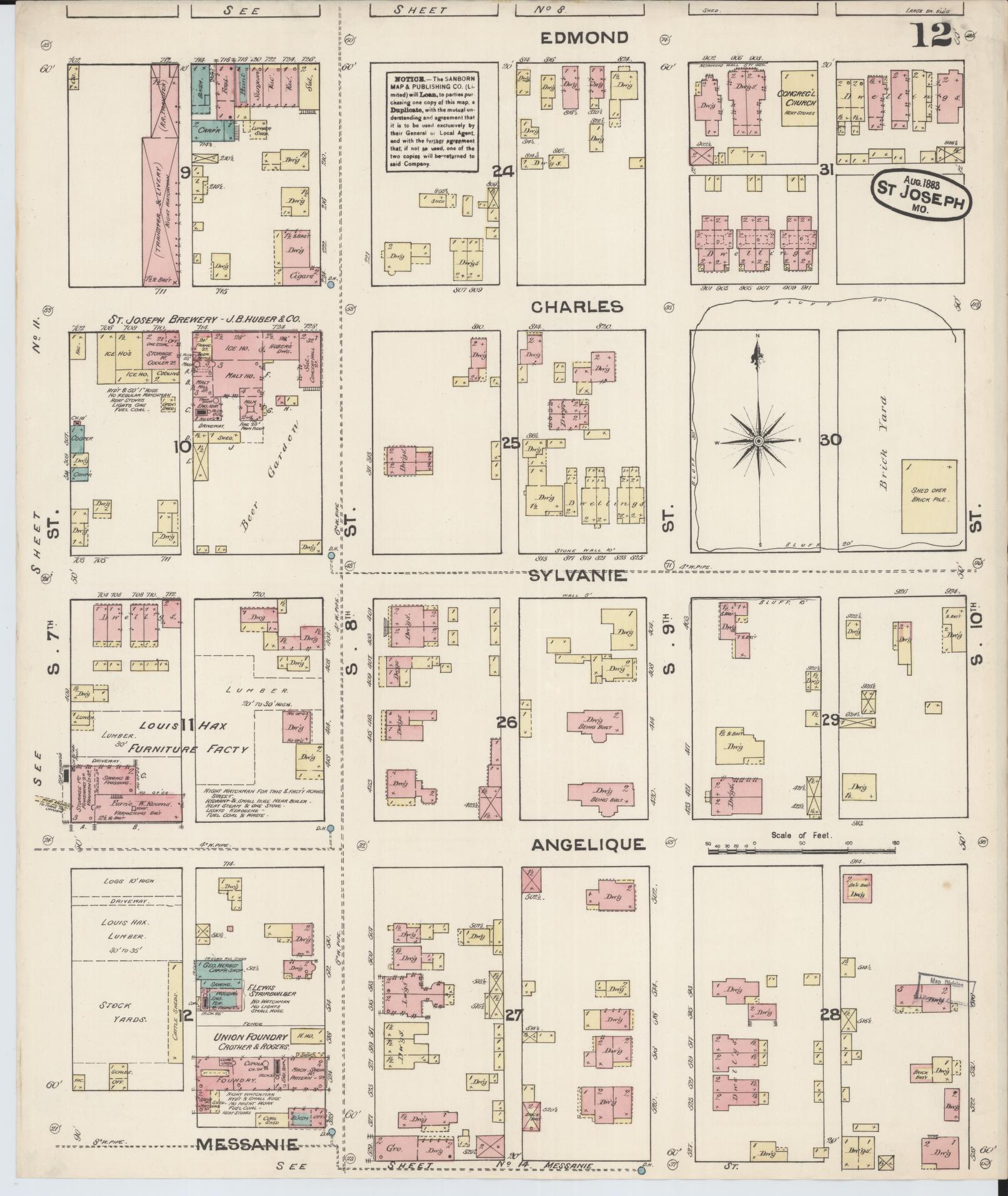 Sanborn Fire Insurance Map from Saint Joseph, Buchanan County, Missouri (1883), Sheet #0012 - Historic Sanborn Fire Insurance Map Print, vintage old map wall art, antique decor, genealogy gift, Missouri Missouri map