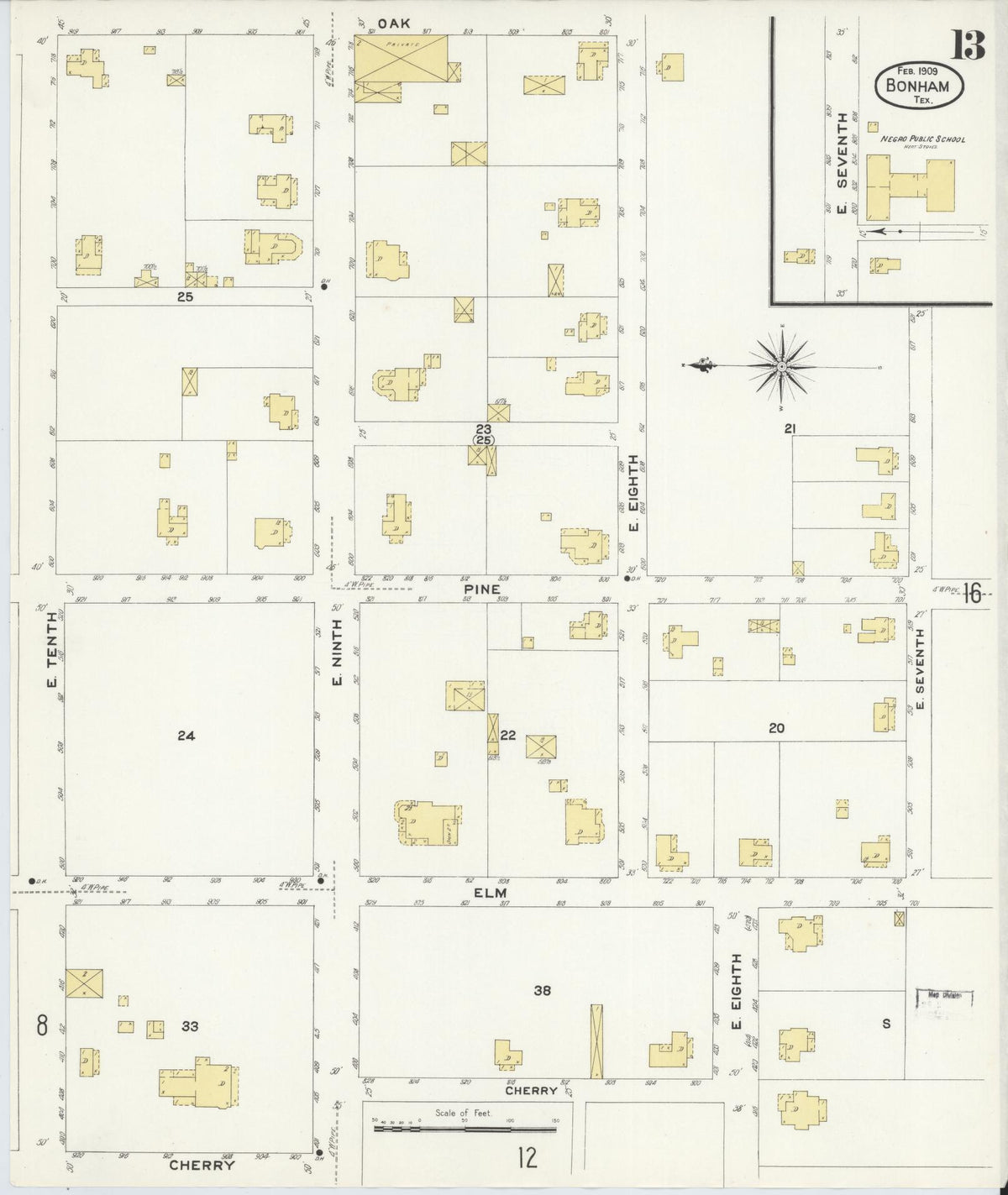 Sanborn Fire Insurance Map from Bonham, Fannin County, Texas (1909), Sheet #0013 - Complete Map Set gallery image, historic Sanborn map, vintage wall art, Texas Texas