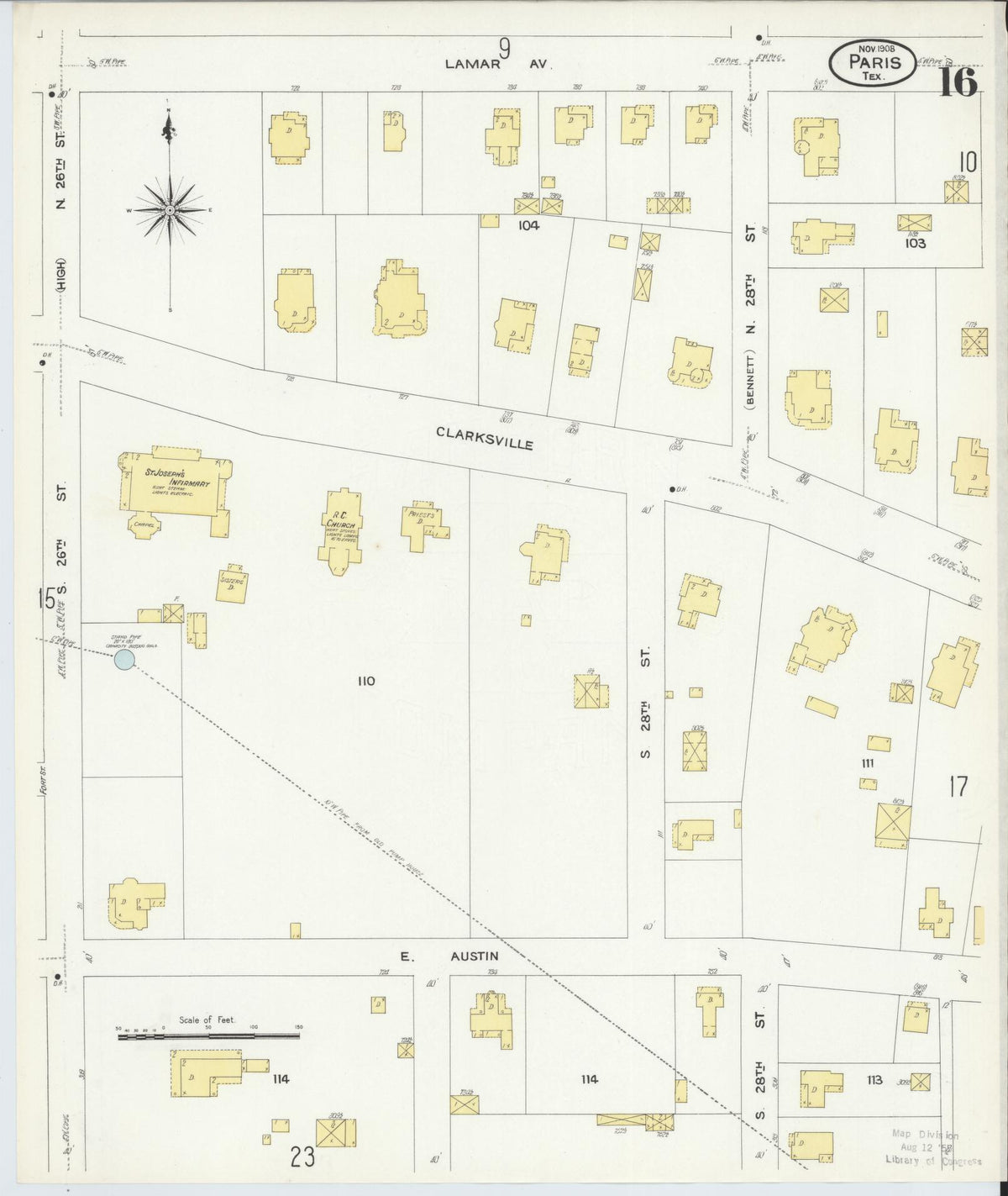 Sanborn Fire Insurance Map from Paris, Lamar County, Texas (1908), Sheet #0016 - Historic Sanborn Fire Insurance Map Print, vintage old map wall art, antique decor, genealogy gift, Texas Texas map