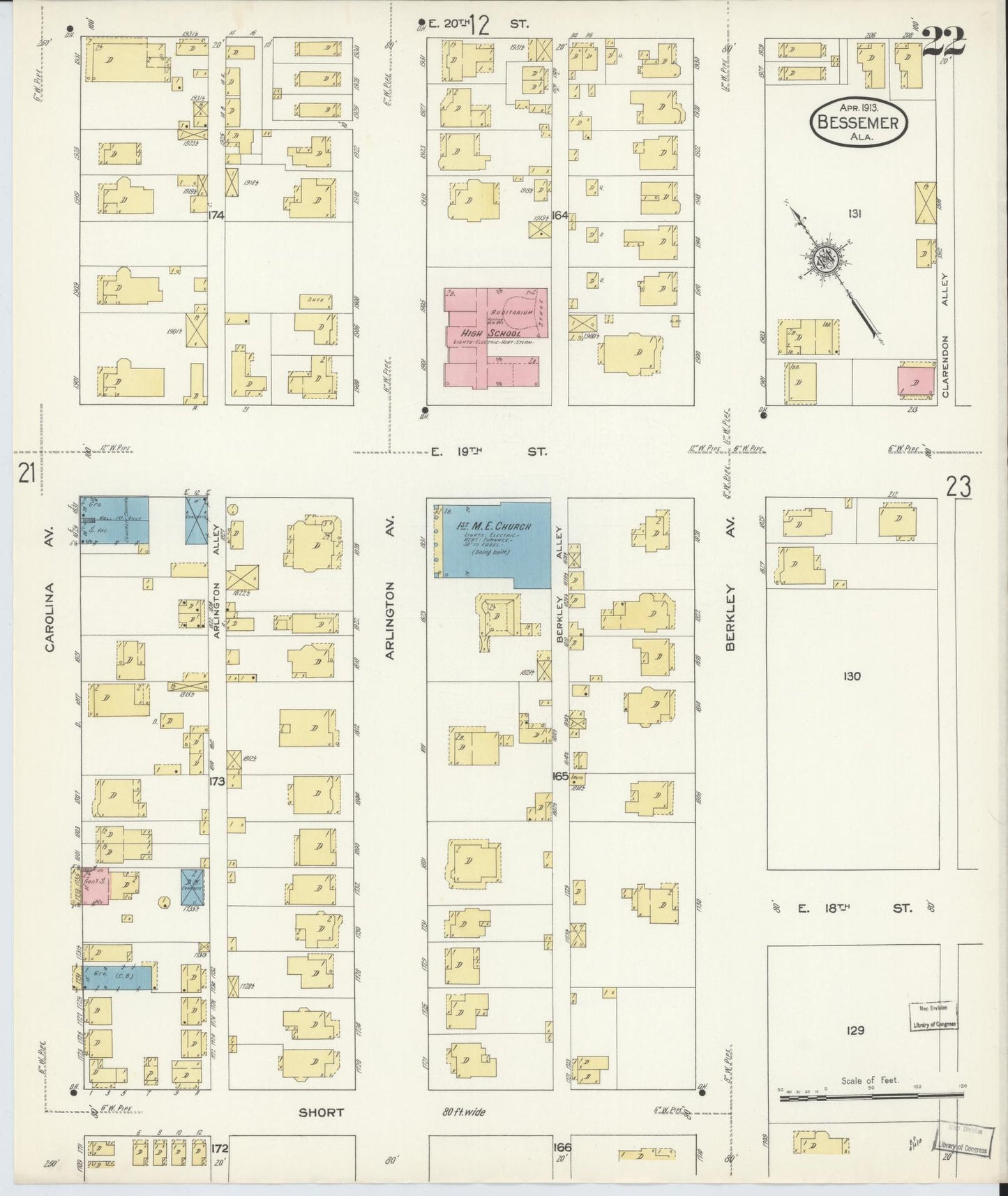 Sanborn Fire Insurance Map from Bessemer, Jefferson County, Alabama (1913), Sheet #0022 - Complete Map Set gallery image, historic Sanborn map, vintage wall art, Alabama Alabama
