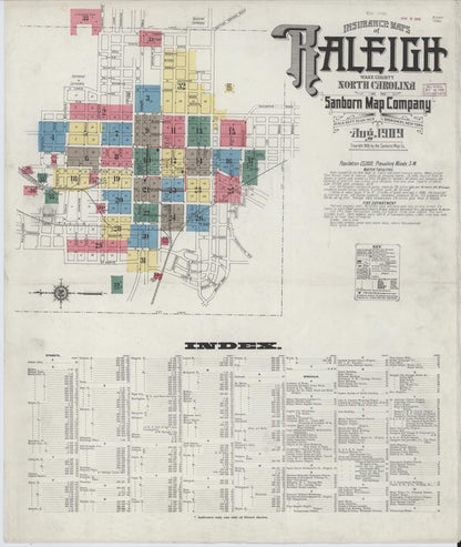 Sanborn Fire Insurance Map from Raleigh, Wake County, North Carolina (1909), Sheet #0001 - Historic Sanborn Fire Insurance Map Print, vintage old map wall art, antique decor, genealogy gift, North Carolina North Carolina map