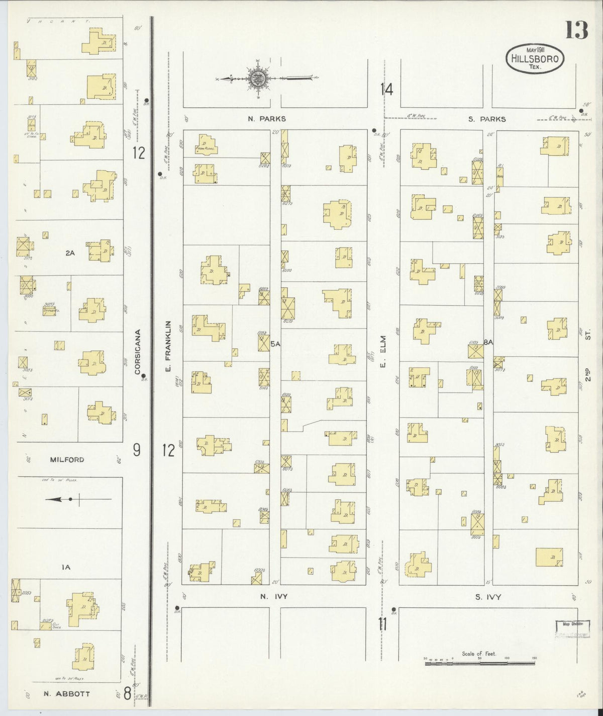 Sanborn Fire Insurance Map from Hillsboro, Hill County, Texas (1911), Sheet #0013 - Complete Map Set gallery image, historic Sanborn map, vintage wall art, Texas Texas