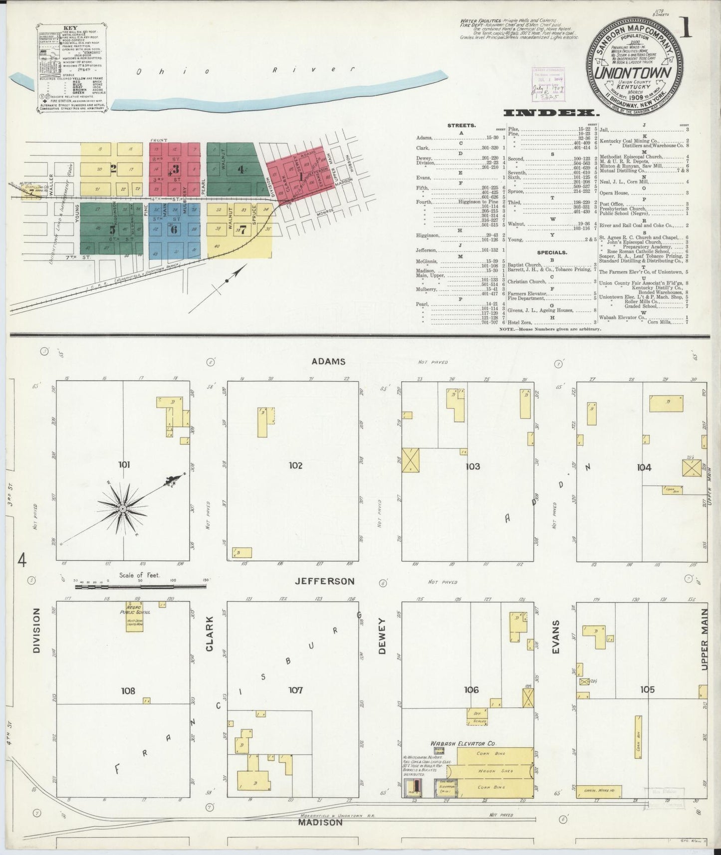 Sanborn Fire Insurance Map from Uniontown, Union County, Kentucky (1909), Sheet #0001 - Historic Sanborn Fire Insurance Map Print, vintage old map wall art, antique decor, genealogy gift, Kentucky Kentucky map