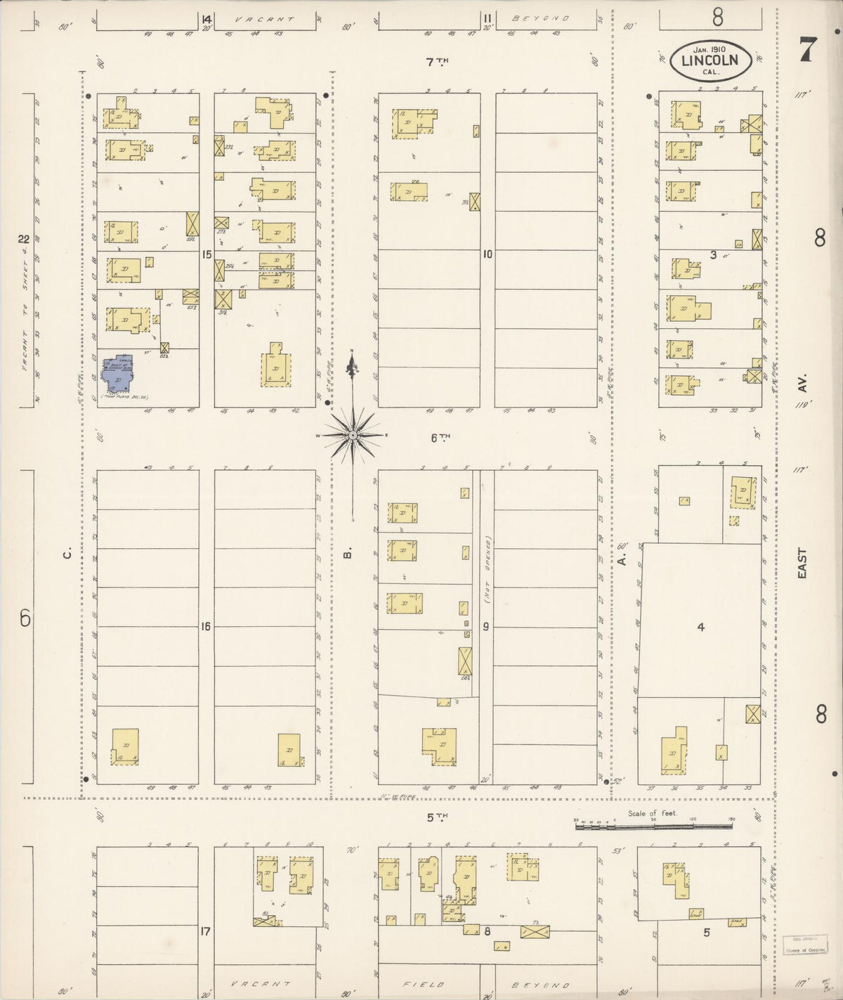 Sanborn Fire Insurance Map from Lincoln, Placer County, California (1910), Sheet #0007 - Complete Map Set gallery image, historic Sanborn map, vintage wall art, California California