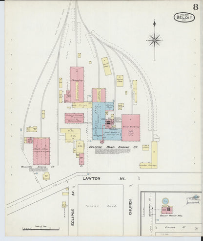 Sanborn Fire Insurance Map from Beloit, Rock County, Wisconsin (1890), Sheet #0008 - Historic Sanborn Fire Insurance Map Print, vintage old map wall art, antique decor, genealogy gift, Wisconsin Wisconsin map