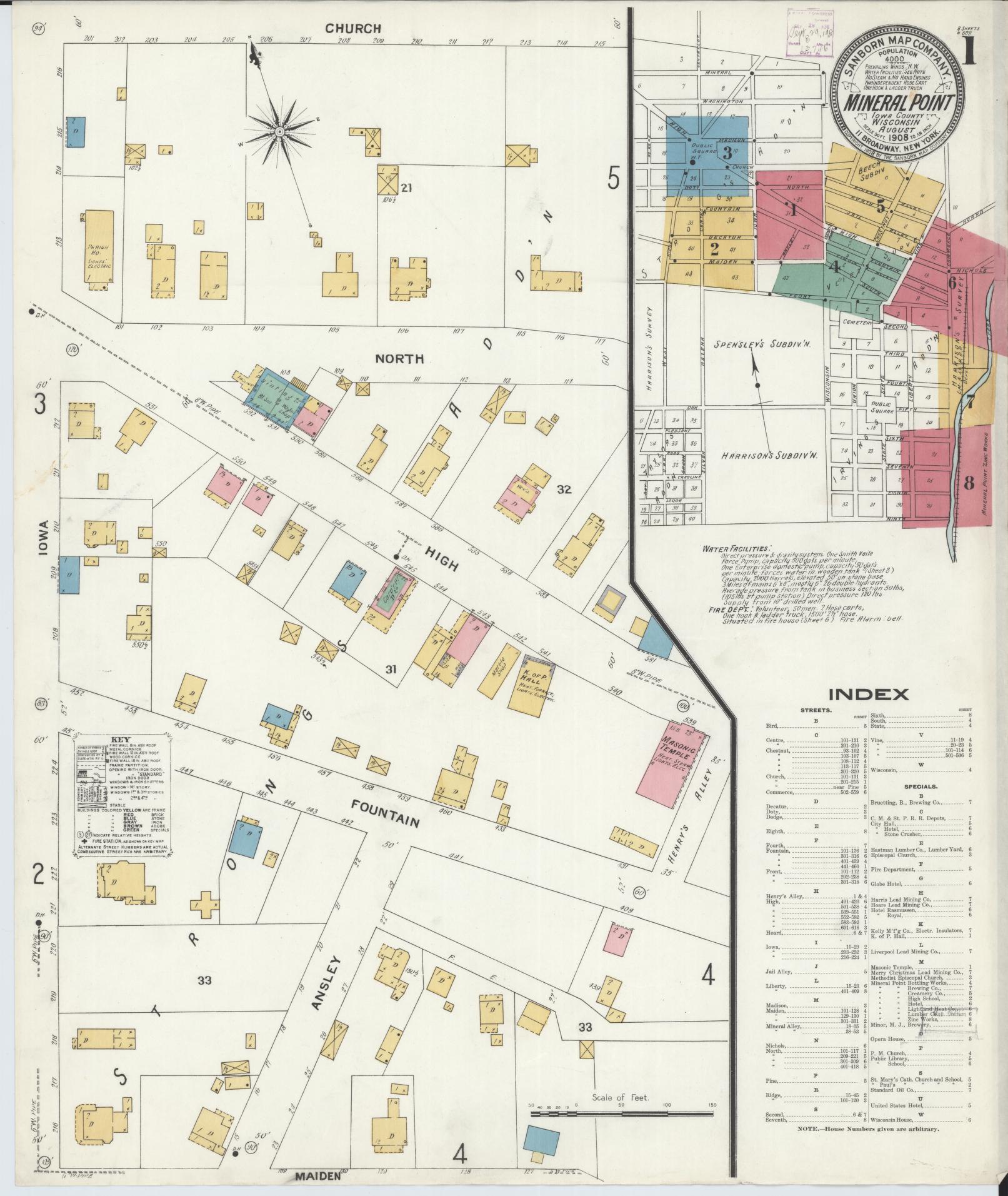 Sanborn Fire Insurance Map from Mineral Point, Iowa County, Wisconsin (1908), Sheet #0001 - Historic Sanborn Fire Insurance Map Print, vintage old map wall art, antique decor, genealogy gift, Wisconsin Wisconsin map