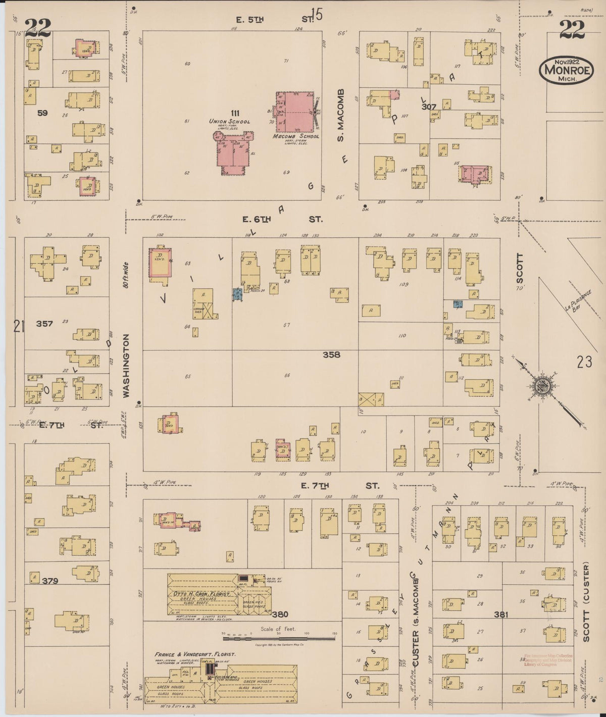 Sanborn Fire Insurance Map from Monroe, Monroe County, Michigan (1922), Sheet #0022 - Historic Sanborn Fire Insurance Map Print, vintage old map wall art, antique decor, genealogy gift, Michigan Michigan map