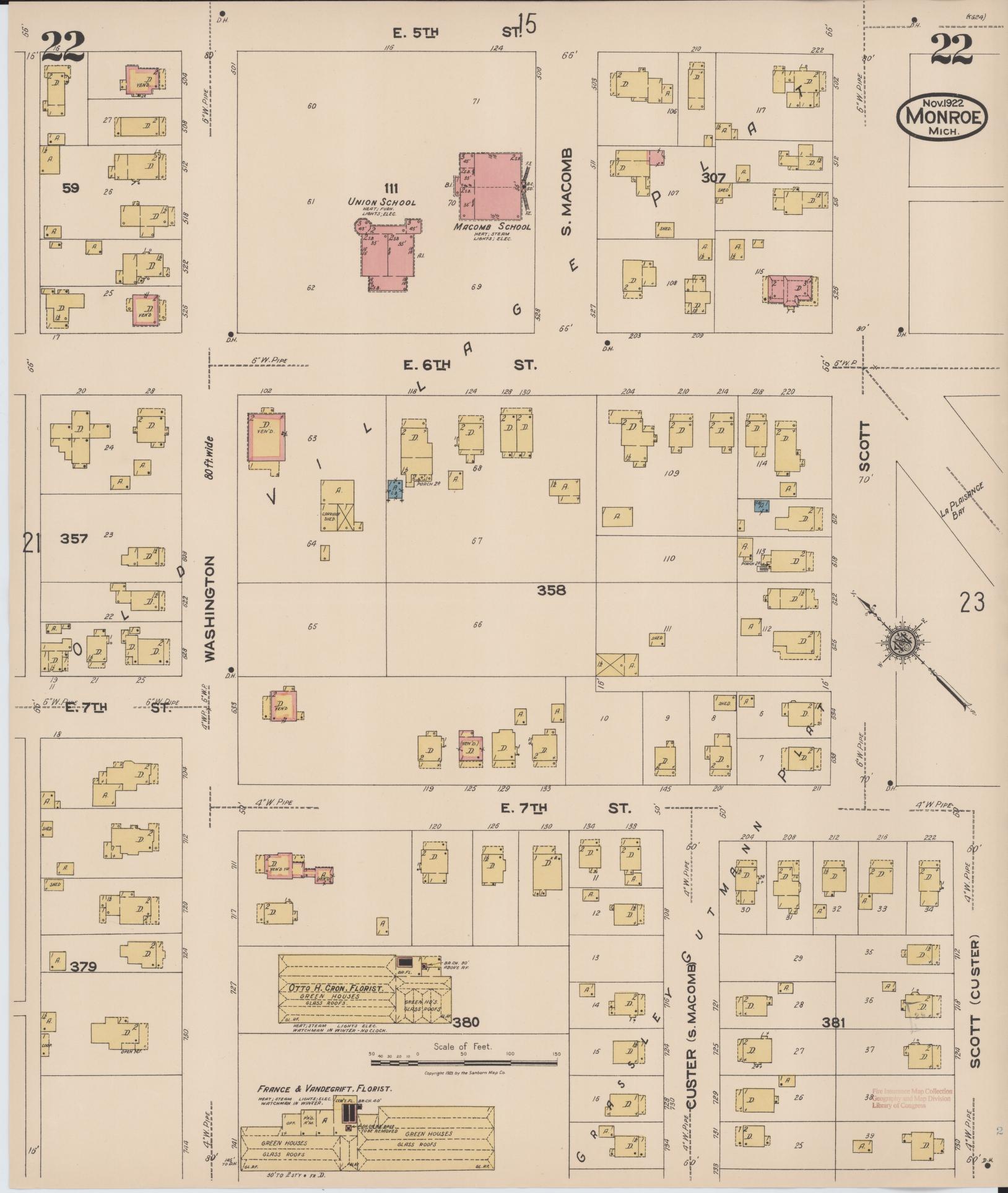 Sanborn Fire Insurance Map from Monroe, Monroe County, Michigan (1922), Sheet #0022 - Historic Sanborn Fire Insurance Map Print, vintage old map wall art, antique decor, genealogy gift, Michigan Michigan map