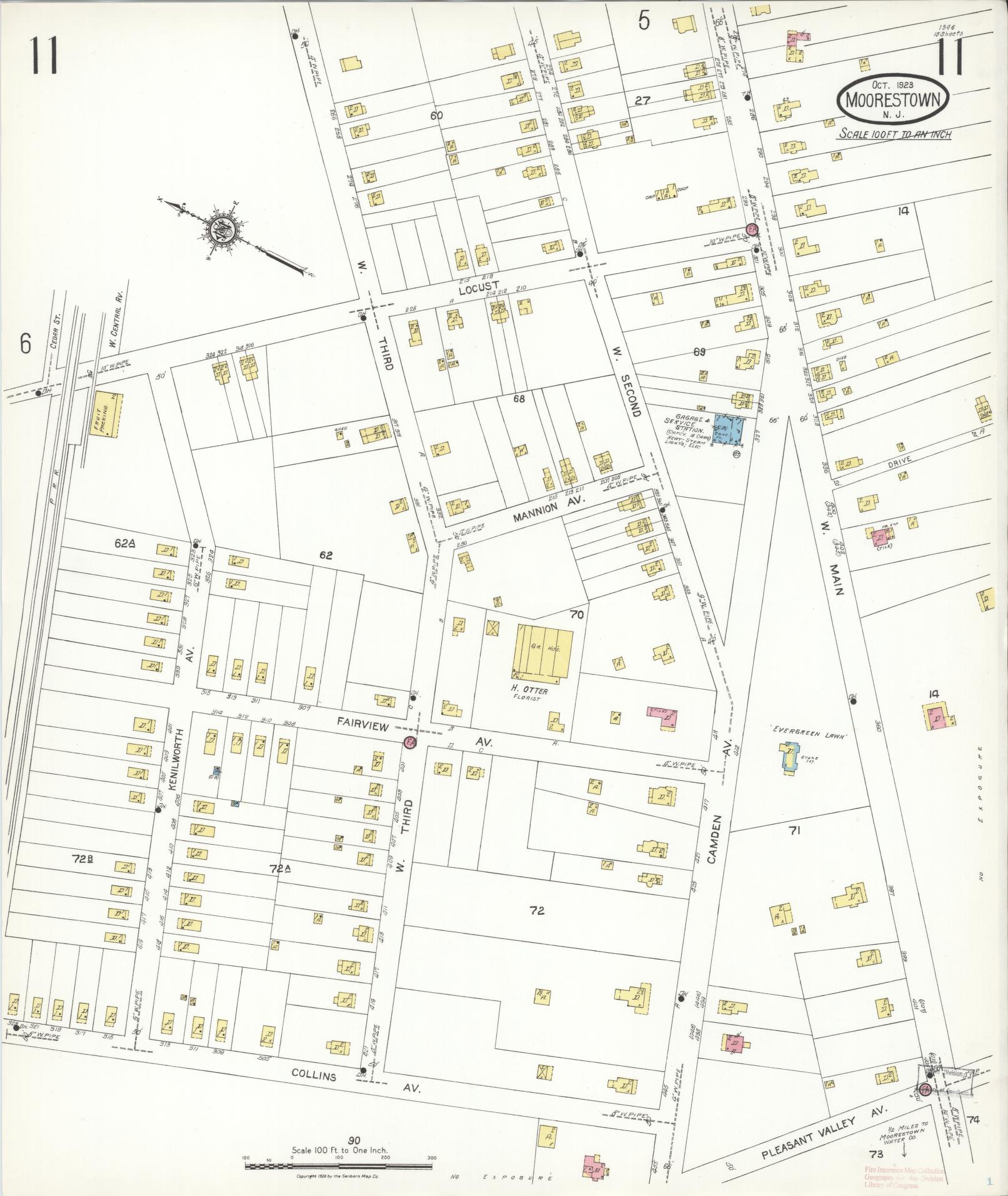 Sanborn Fire Insurance Map from Moorestown, Burlington County, New Jersey (1923), Sheet #0011 - Historic Sanborn Fire Insurance Map Print, vintage old map wall art, antique decor, genealogy gift, New Jersey New Jersey map