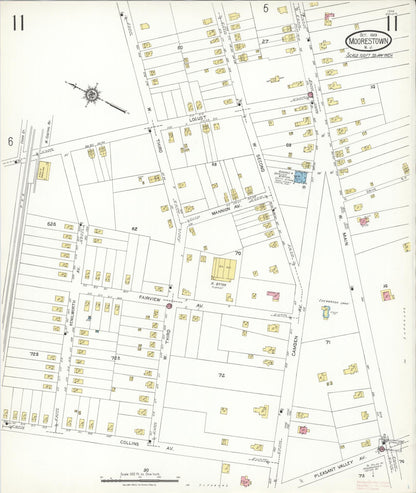 Sanborn Fire Insurance Map from Moorestown, Burlington County, New Jersey (1923), Sheet #0011 - Historic Sanborn Fire Insurance Map Print, vintage old map wall art, antique decor, genealogy gift, New Jersey New Jersey map
