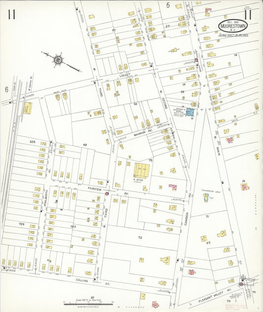 Sanborn Fire Insurance Map from Moorestown, Burlington County, New Jersey (1923), Sheet #0011 - Historic Sanborn Fire Insurance Map Print, vintage old map wall art, antique decor, genealogy gift, New Jersey New Jersey map