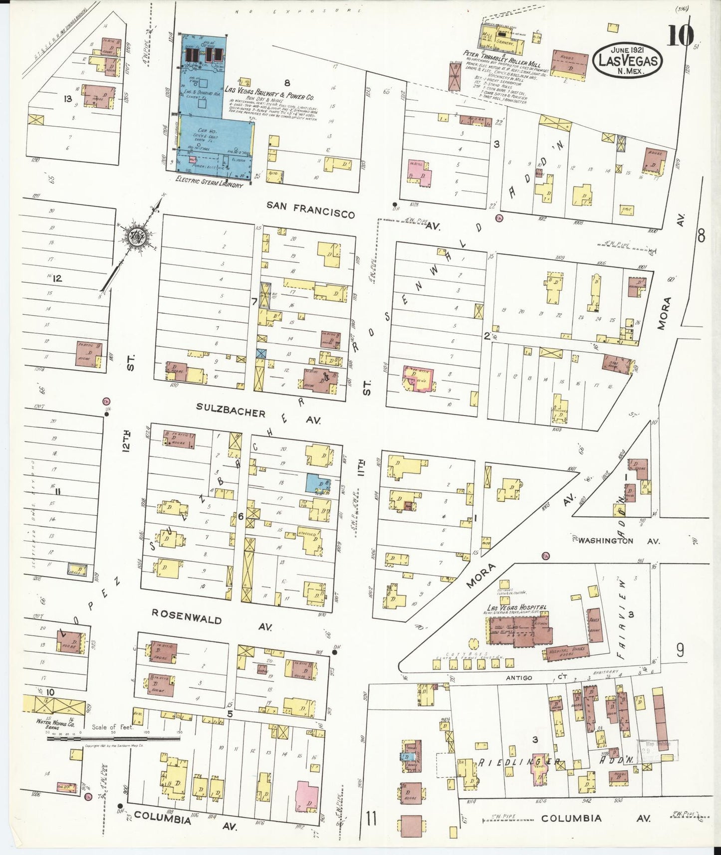 Sanborn Fire Insurance Map from Las Vegas, San Miguel County, New Mexico (1921), Sheet #0010 - Historic Sanborn Fire Insurance Map Print, vintage old map wall art, antique decor, genealogy gift, New Mexico New Mexico map